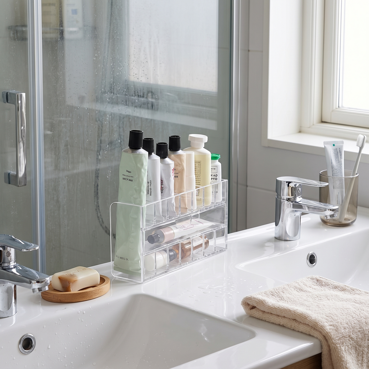 7-slot transparent cosmetic organizer in use
