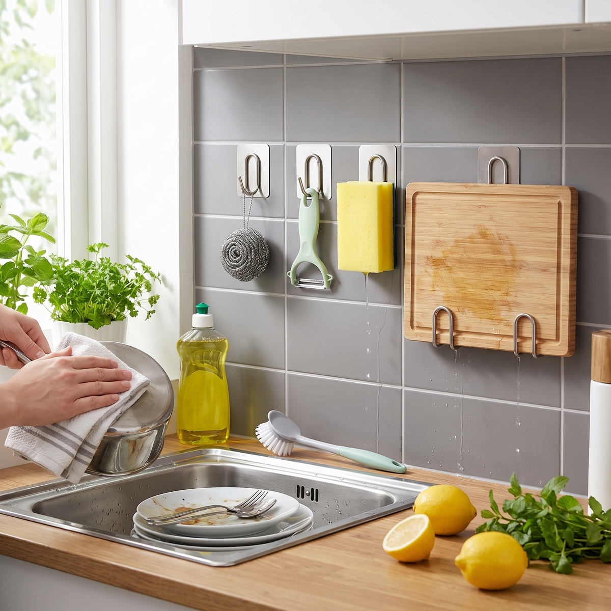 Stainless steel sink sponge holder in use
