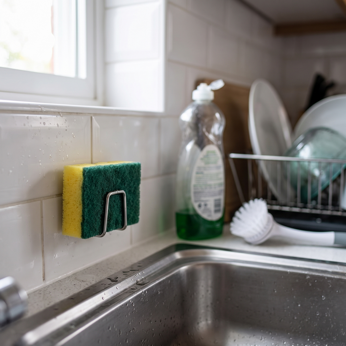 Stainless steel sink sponge holder in use