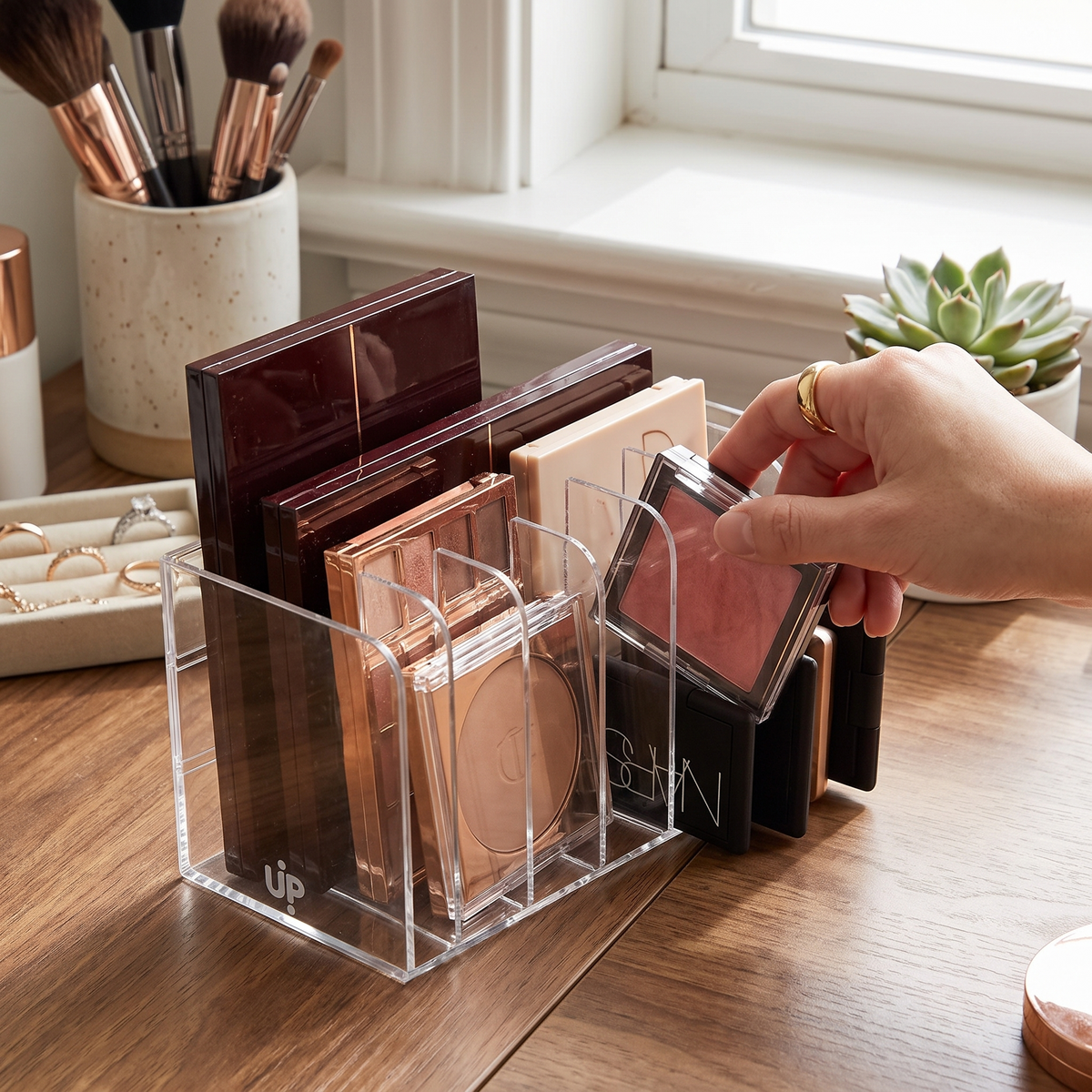 7-slot transparent cosmetic organizer in use