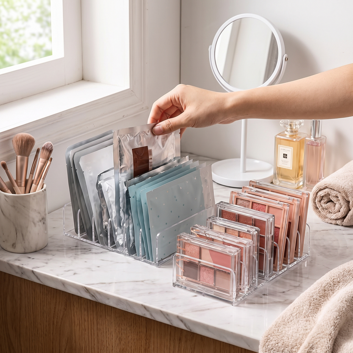 7-slot transparent cosmetic organizer in use