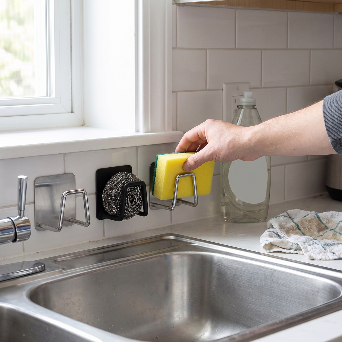 Stainless steel sink sponge holder in use