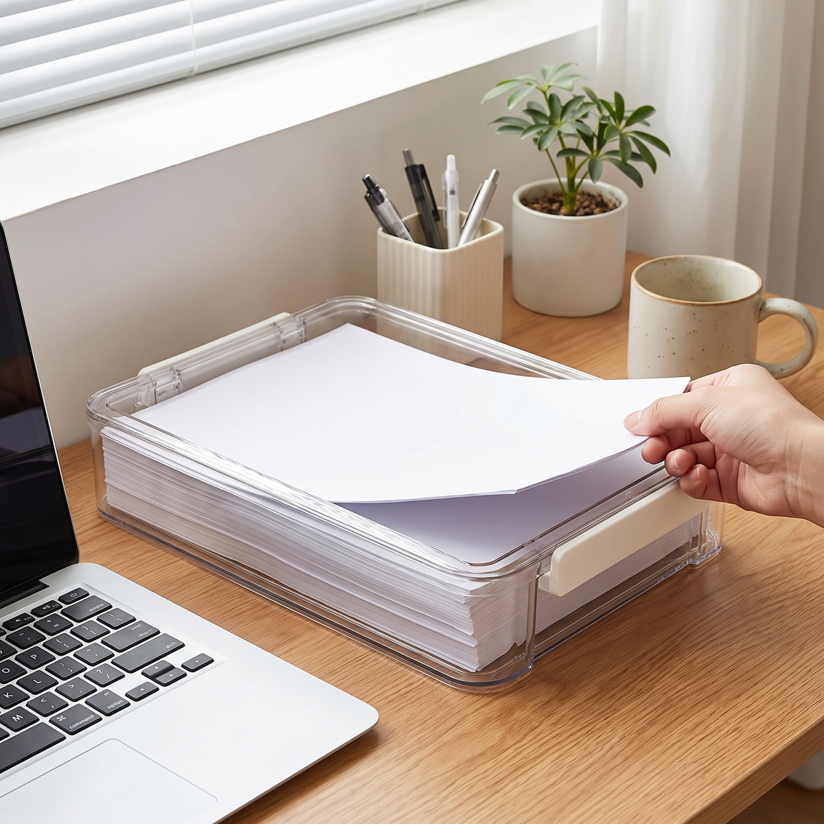 Clear acrylic A4 desktop file holder in use
