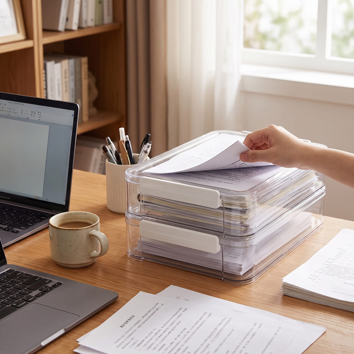 Clear acrylic A4 desktop file holder in use