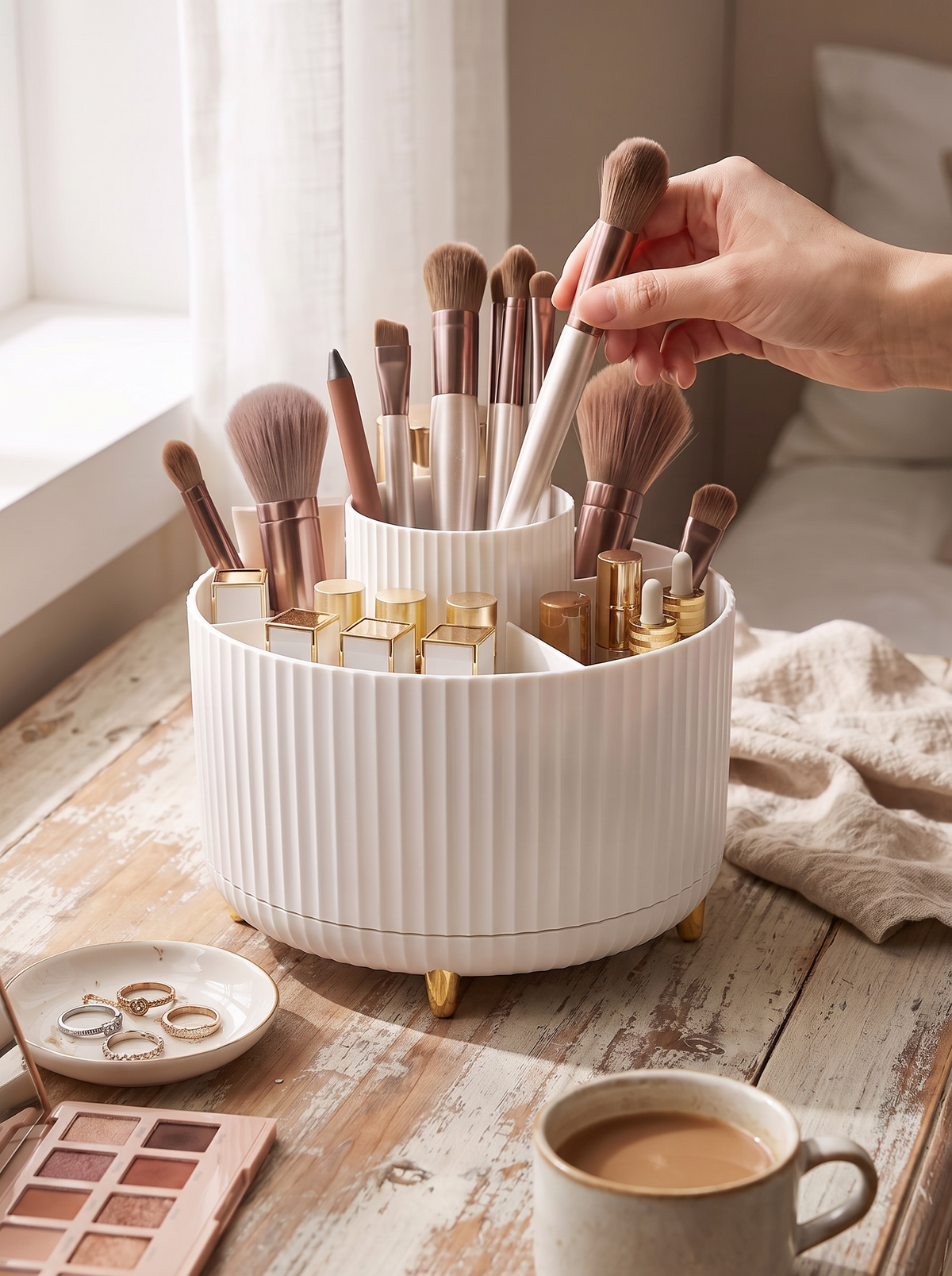 360 Rotating Makeup Organizer on a small corner of a bathroom counter