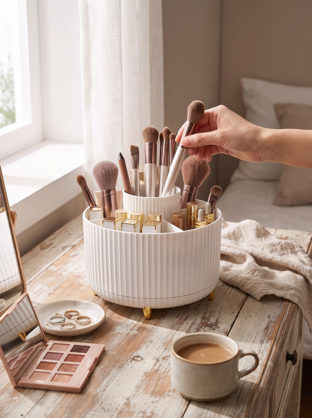360 Rotating Makeup Organizer spinning on a vanity, everything facing you in one spin