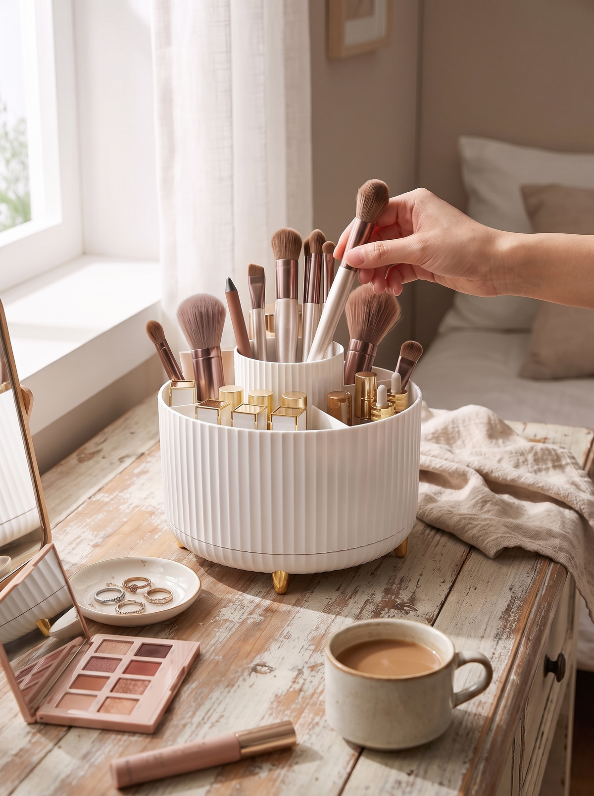 360 Rotating Makeup Organizer with five compartments holding brushes and lipsticks