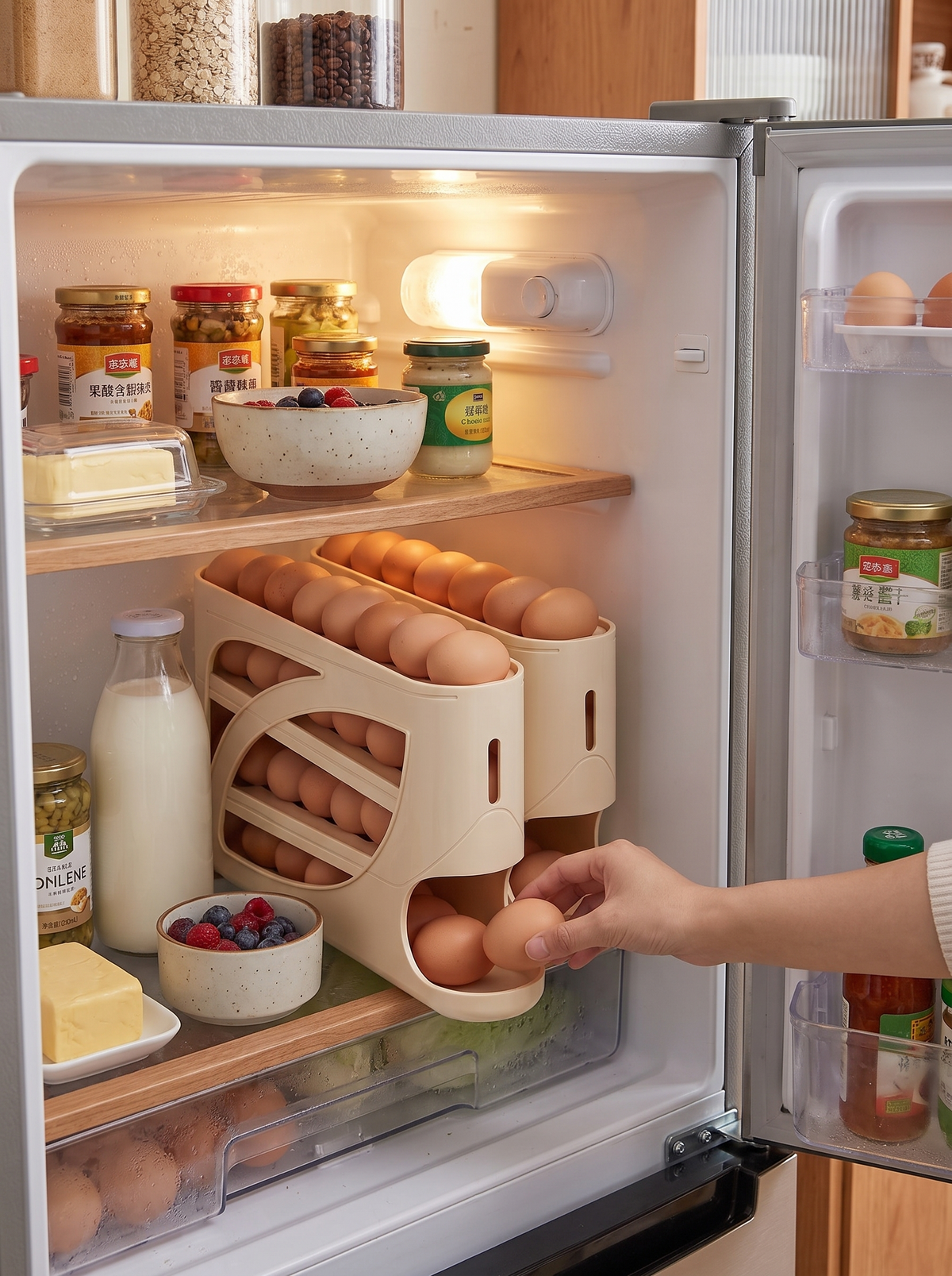 Egg dispenser sitting in a fridge side door