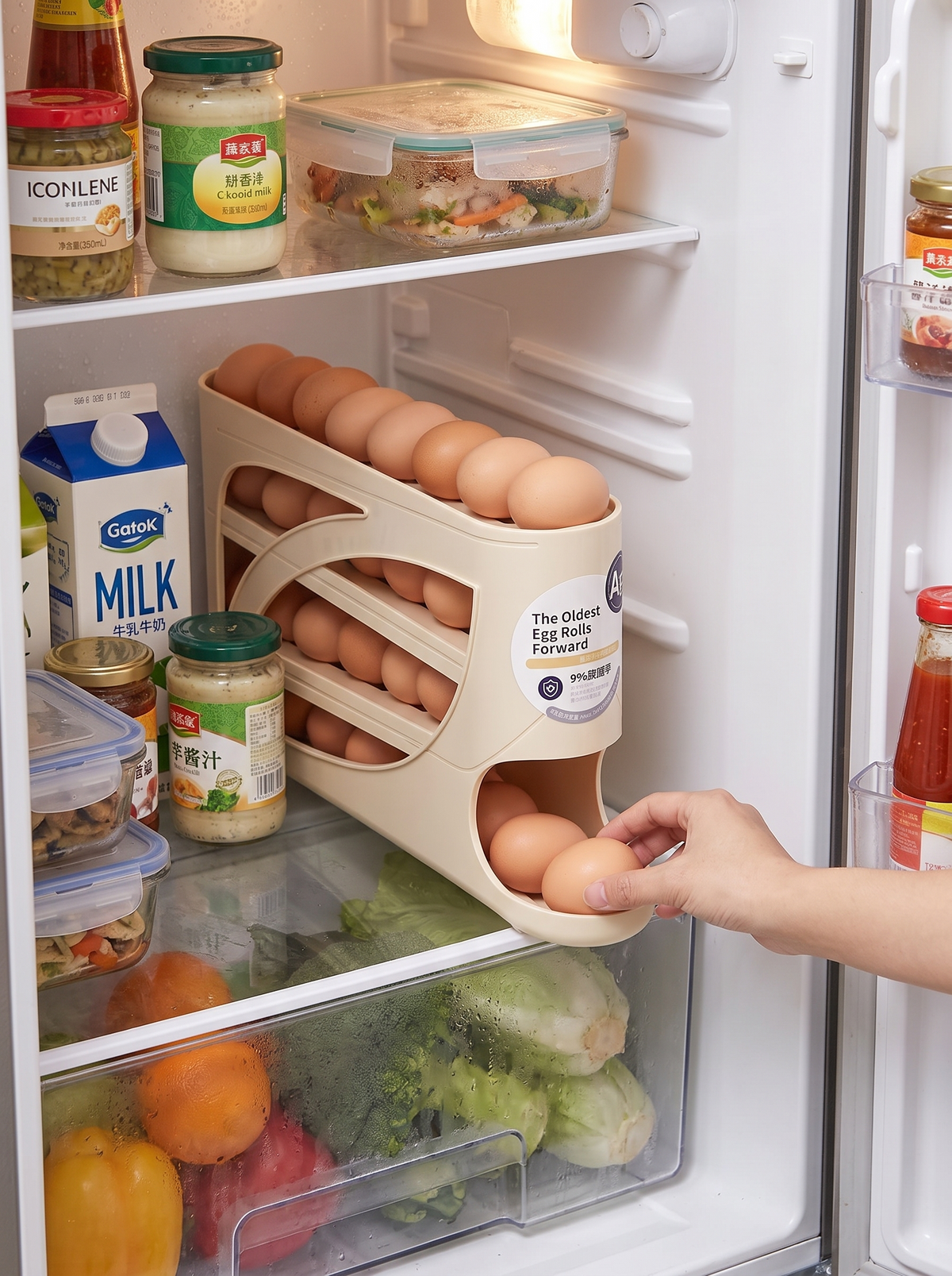 Hand taking an egg from the bottom of the rolling egg dispenser