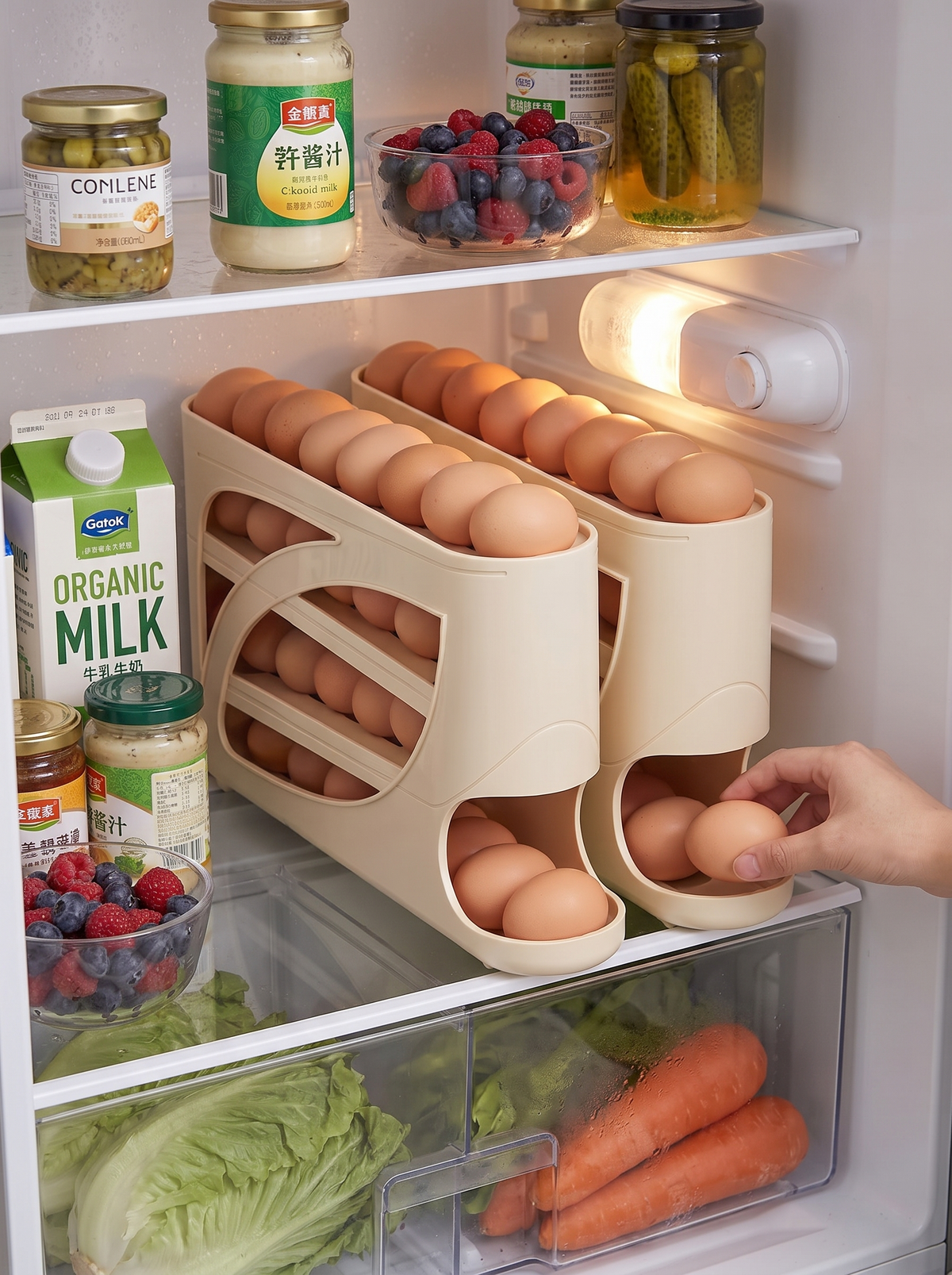 Four tier egg dispenser holding thirty eggs on a fridge shelf