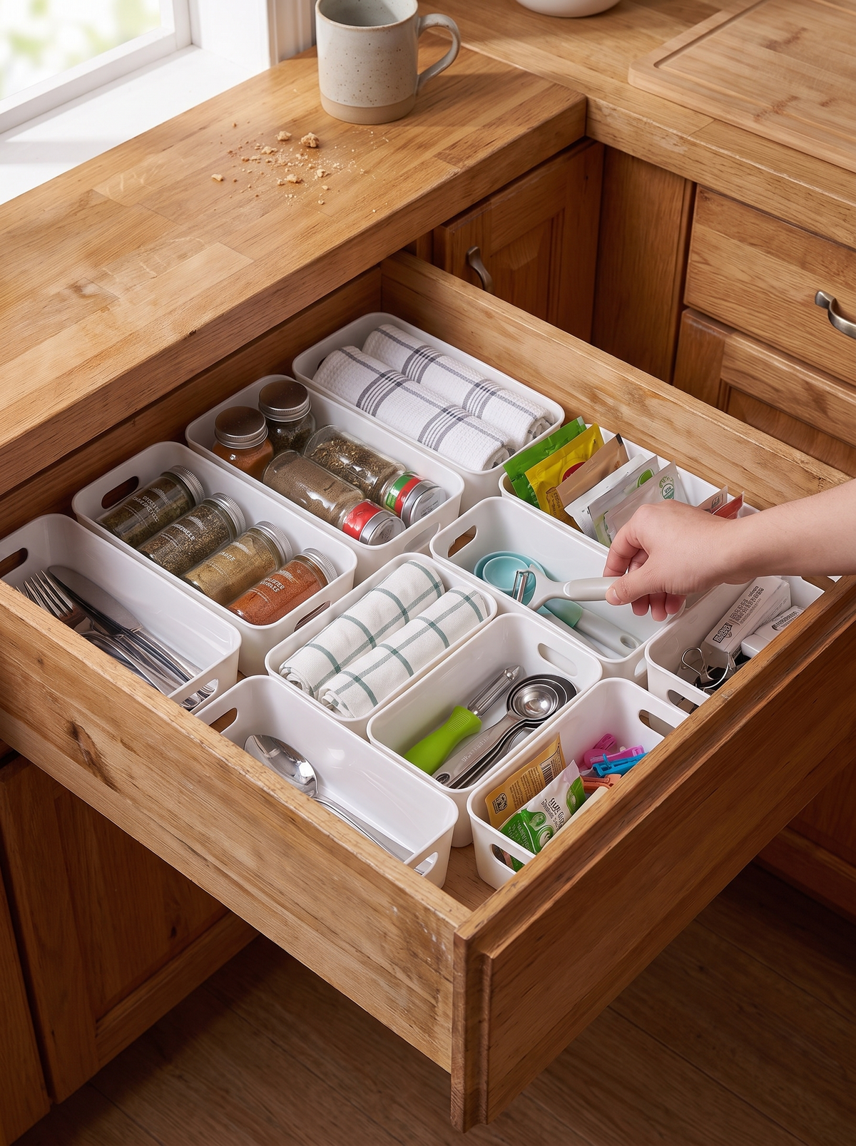 Drawer organizer boxes tiled together with no wasted gaps
