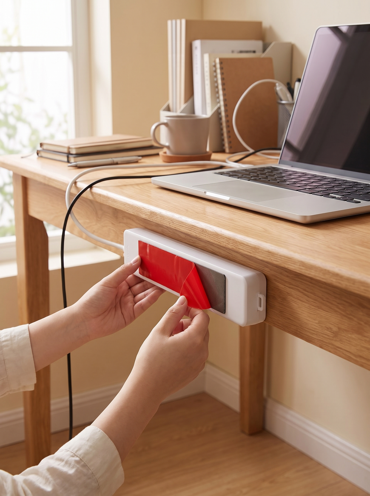 Hand pressing a self adhesive power strip fixer into place