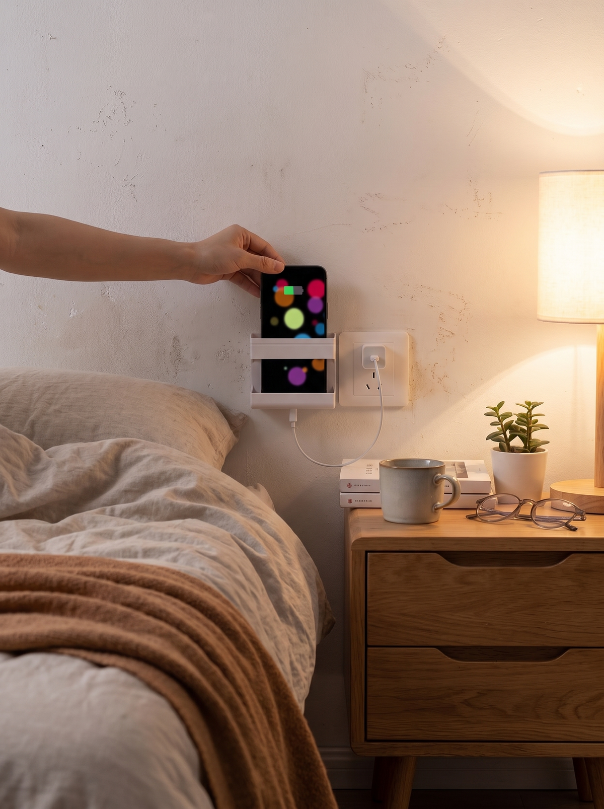 Phone charging in the wall holder with the cable routed through the back