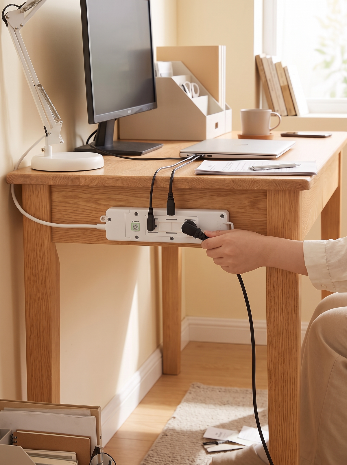 Power strip mounted so cables run in a straight line