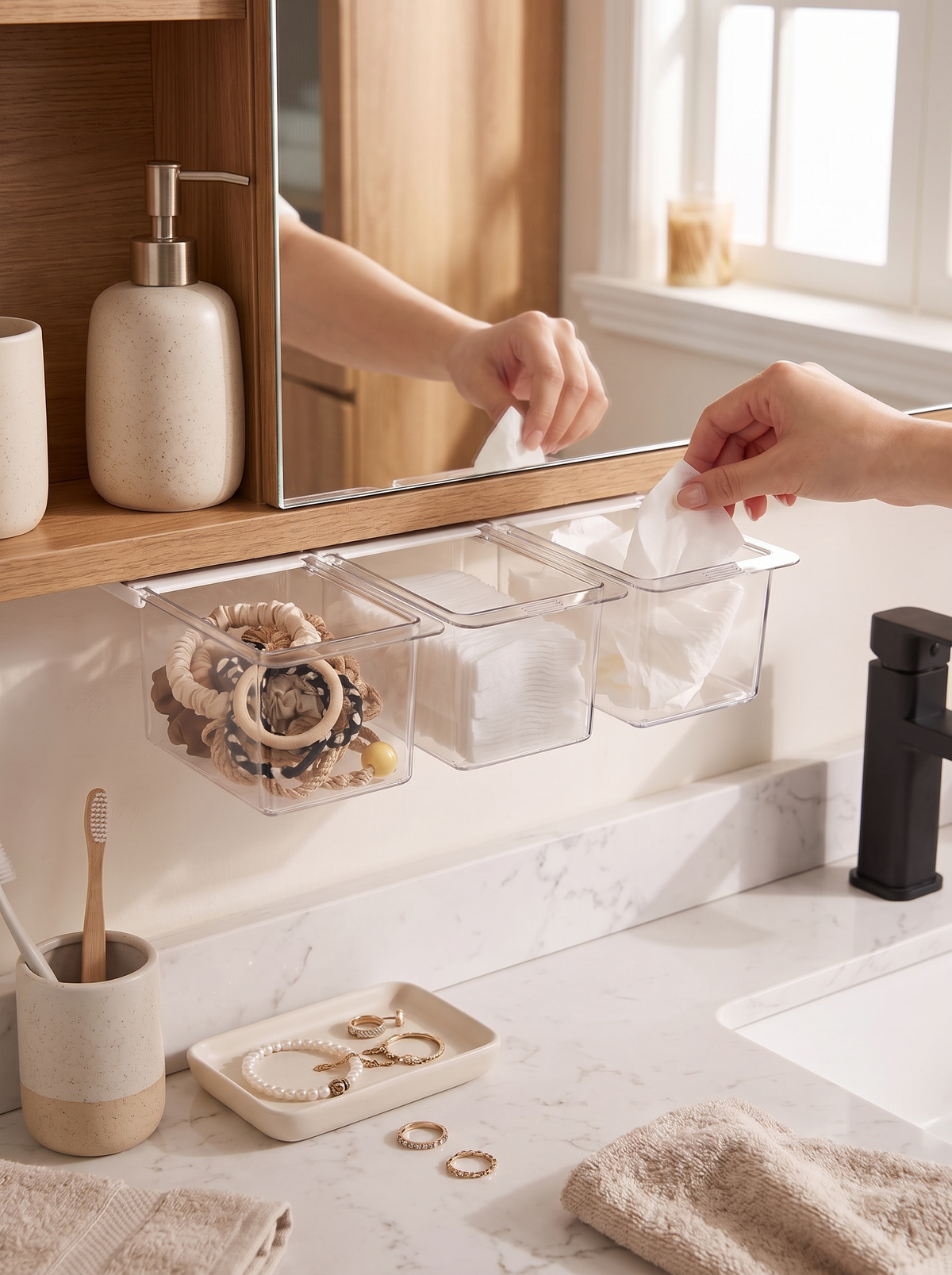 Cotton swab drawer pulling out from under a mirror cabinet