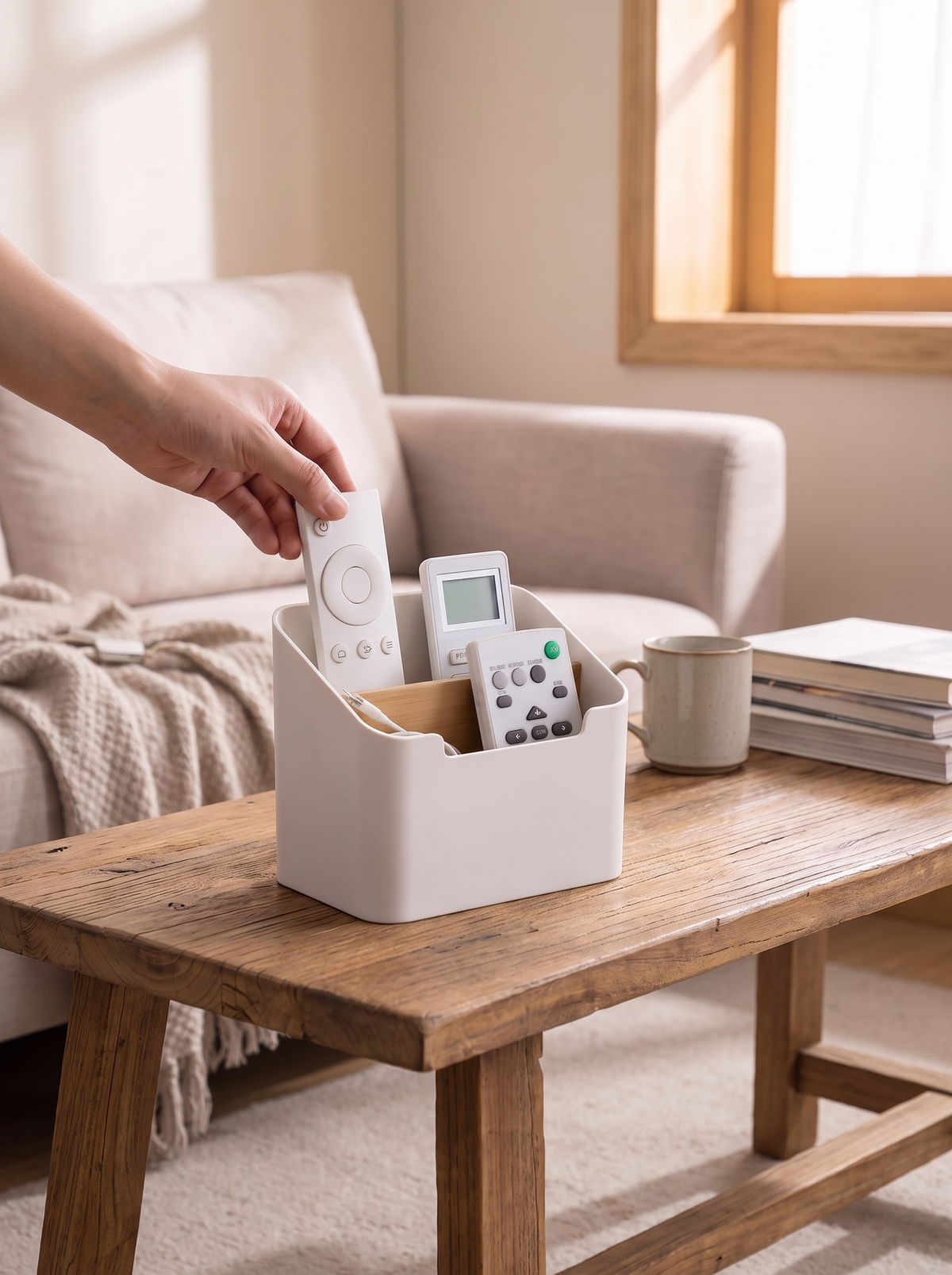 Hand carrying the desktop caddy from one room to another
