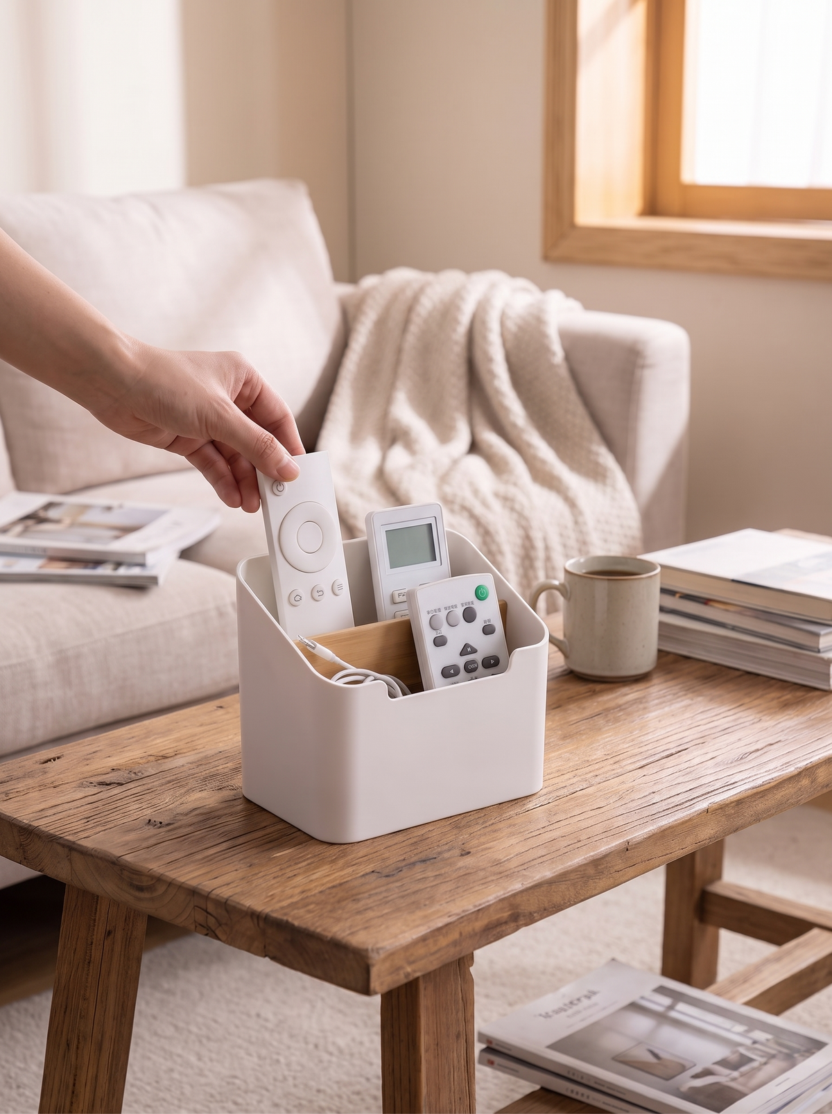 Bamboo top caddy sitting on a coffee table like a piece of furniture