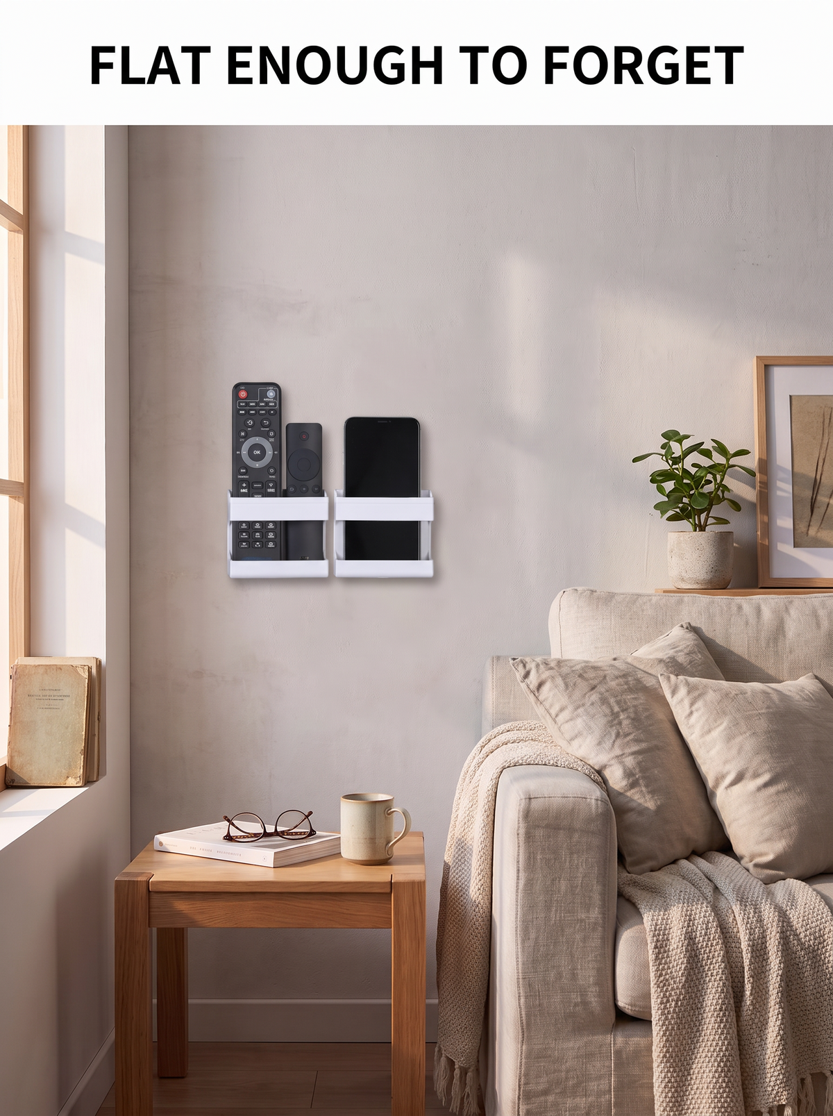 Slim wall caddy sitting flat against the wall beside furniture