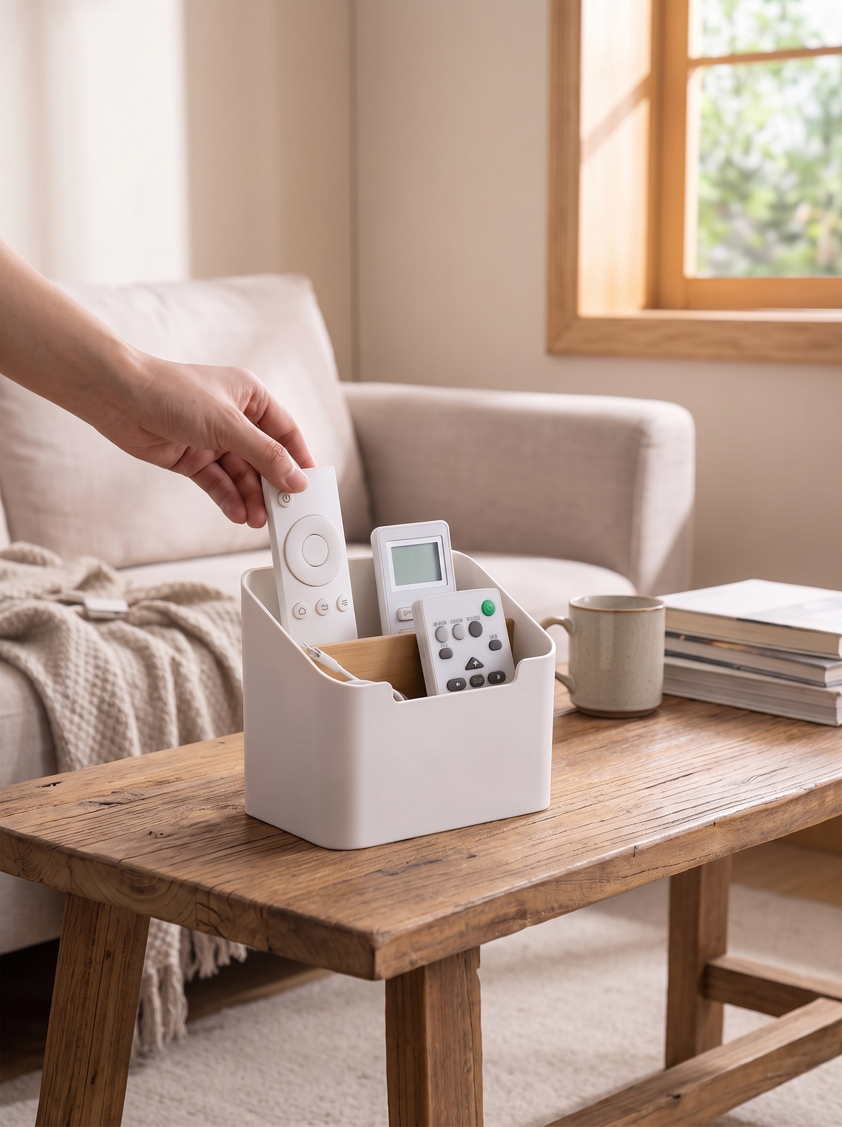 Desktop caddy with remotes in one compartment and small items in the other