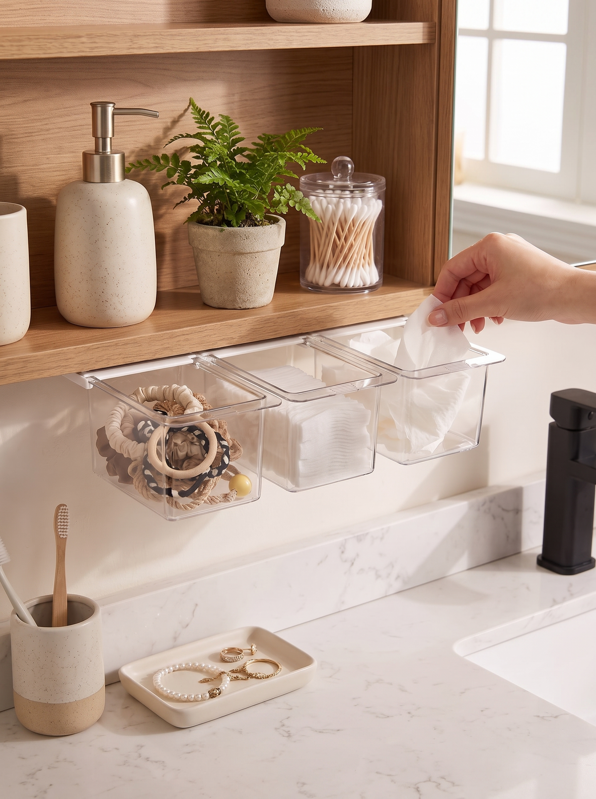 Bathroom counter left clear because the drawer hangs underneath