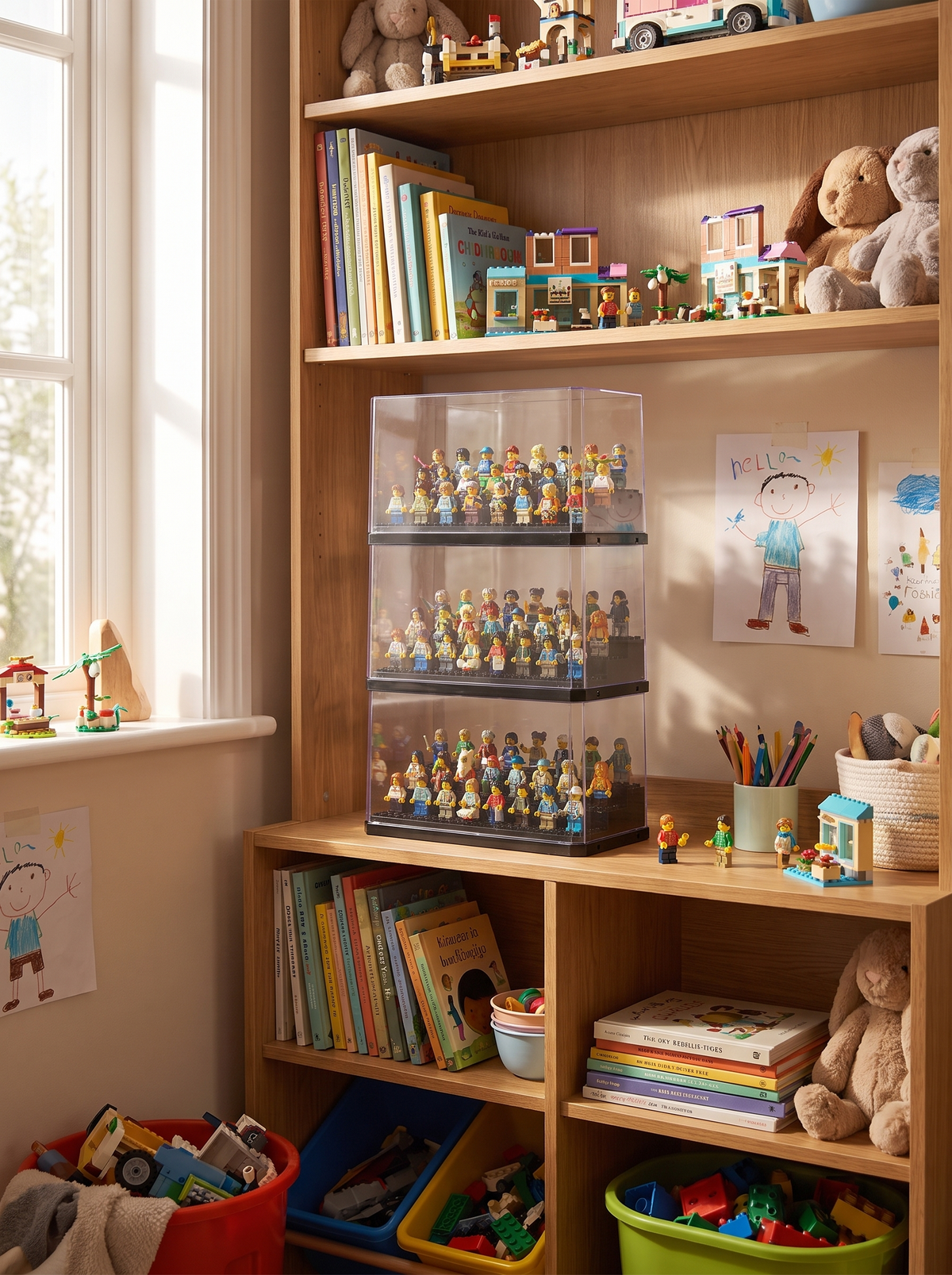 Several acrylic display cases stacked into a shelf display