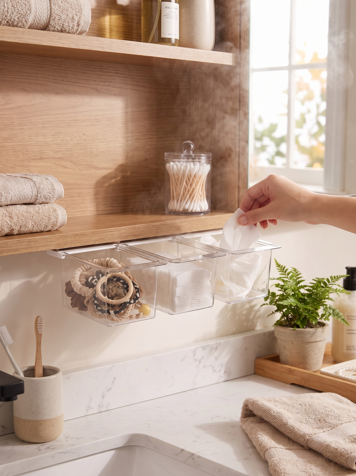 Clear drawer showing the cotton bud level at a glance