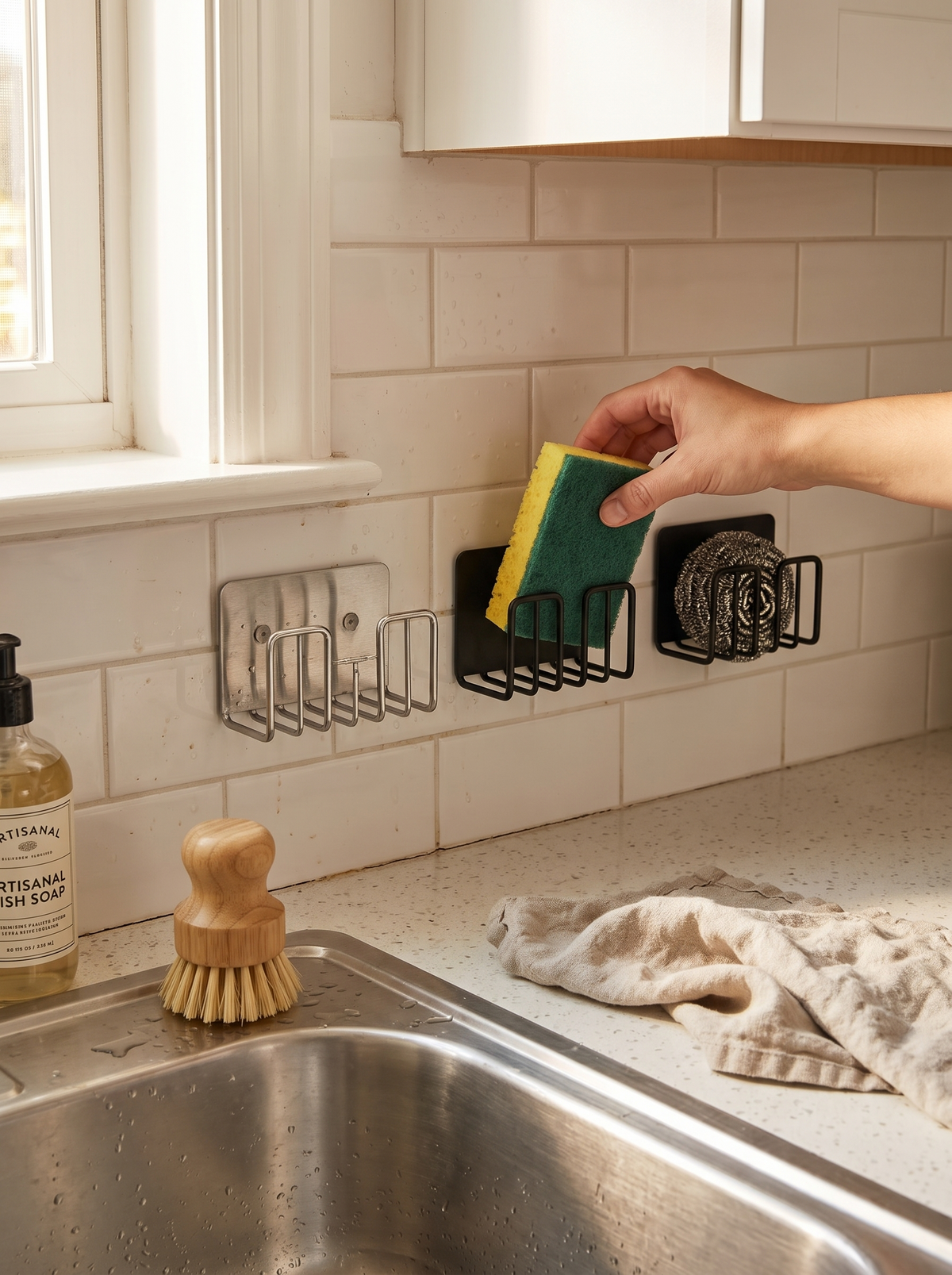 Sponge held in open air on the sink wall so it dries