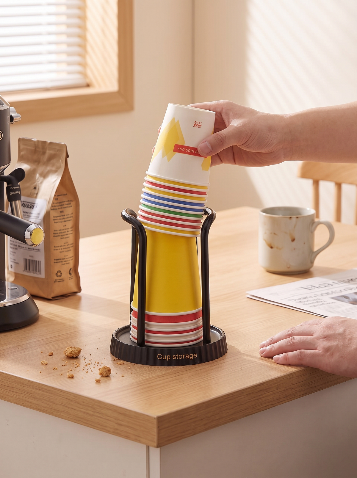 Hands loading a fresh stack of cups into the dispenser from the top