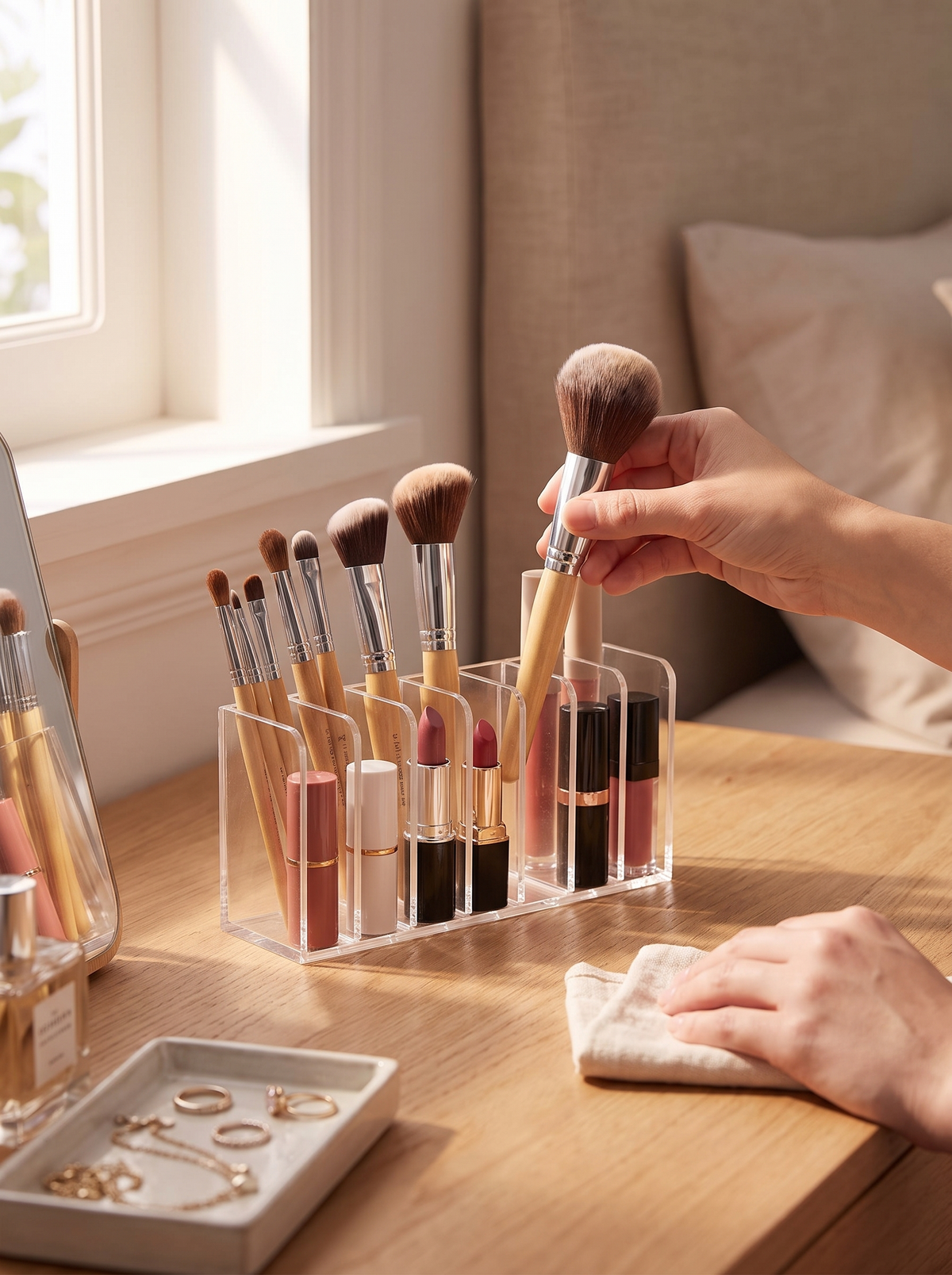 Seven slot organizer holding brushes and lipsticks upright