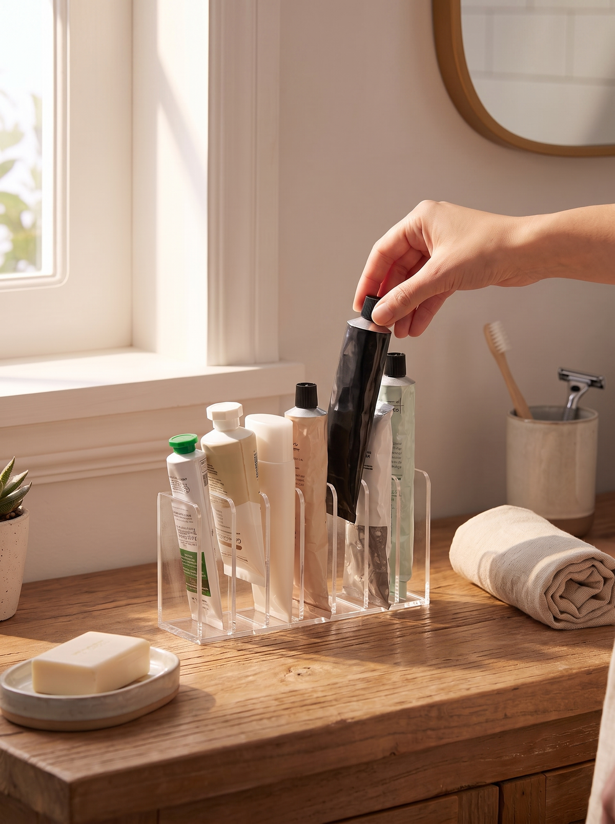 Clear makeup organizer sitting almost invisibly on a vanity