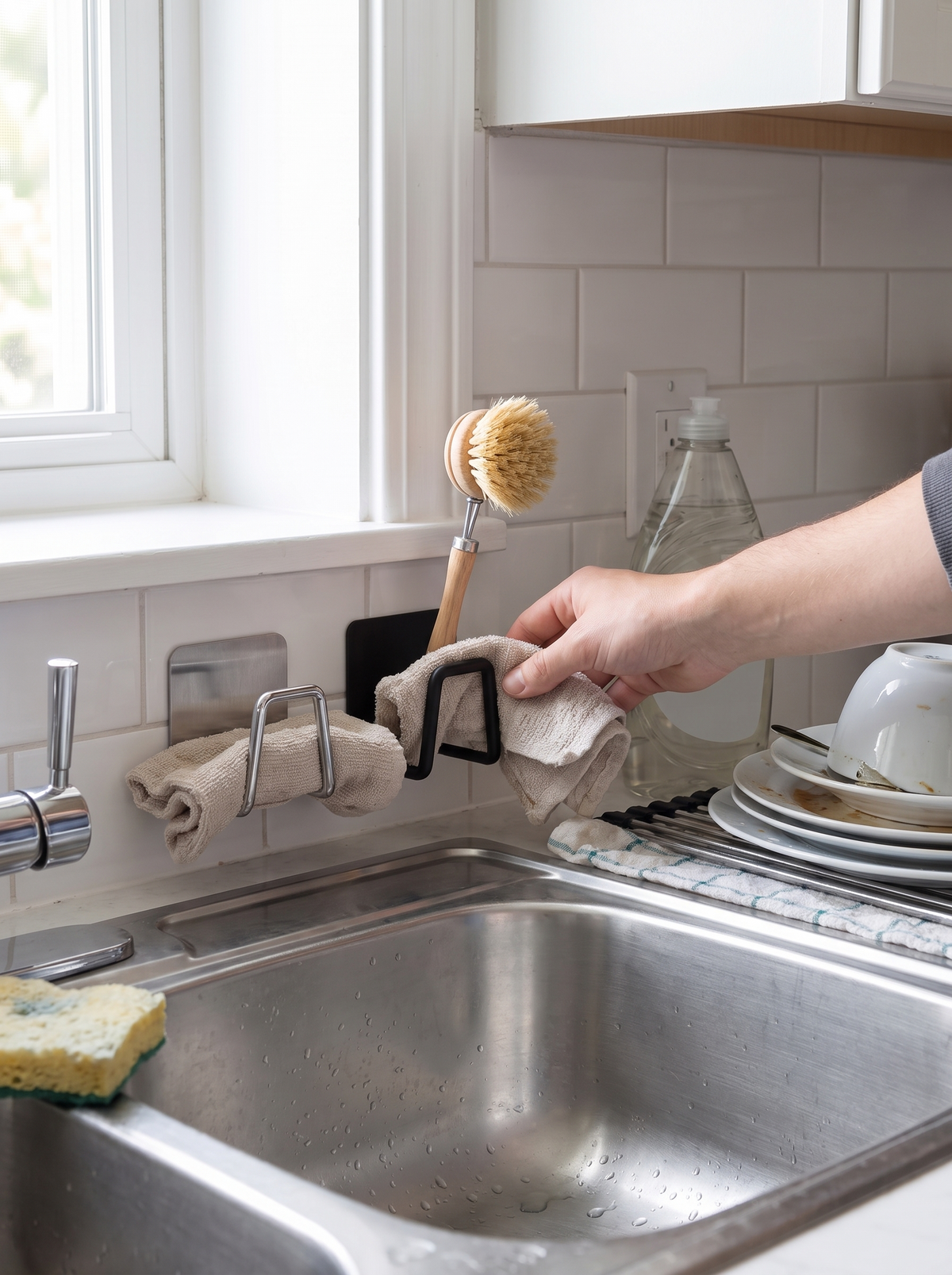 Open frame sponge holder with a dishcloth and brush, nothing to empty