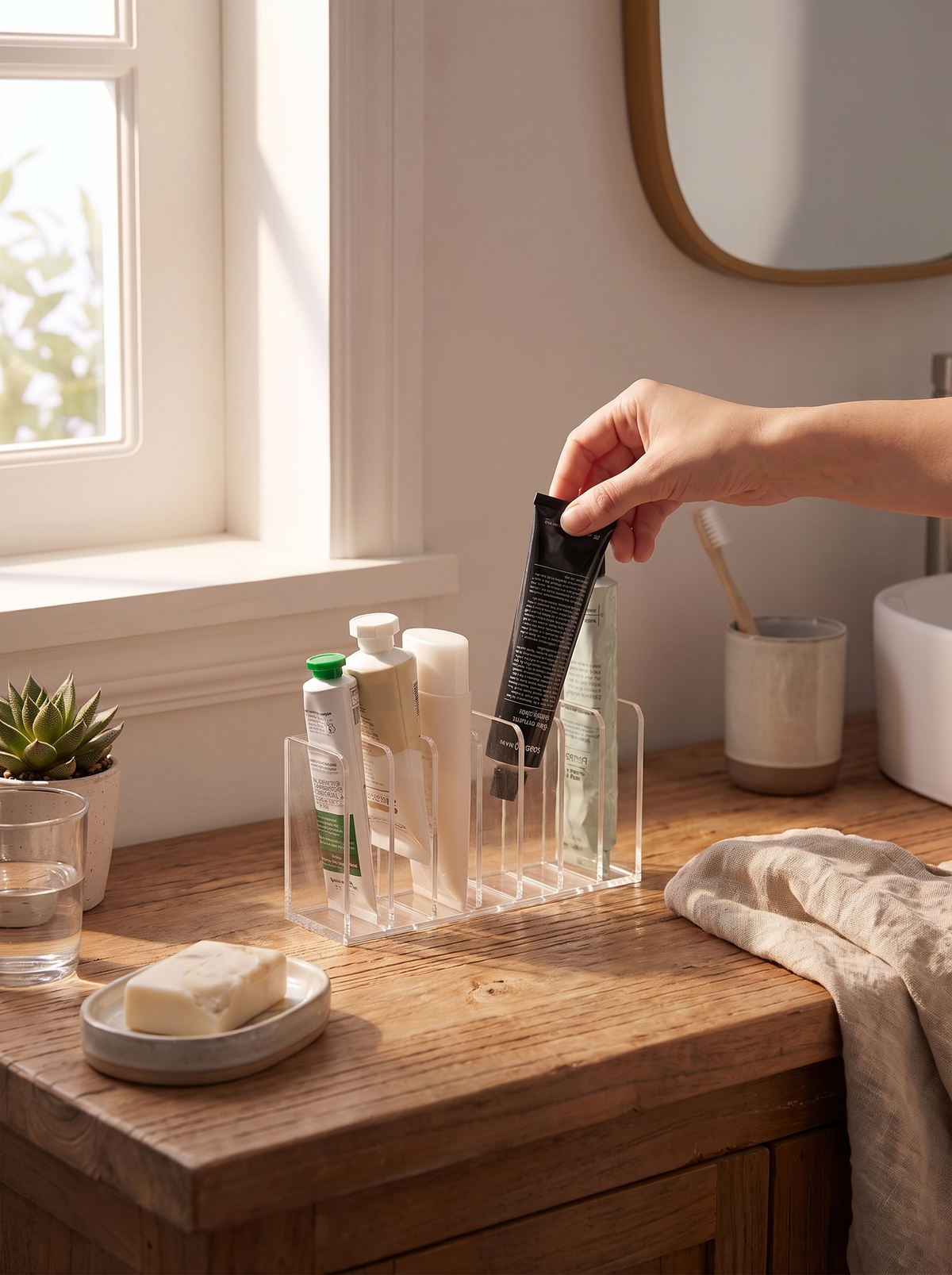 Hand lifting one item from a slot of the clear makeup organizer