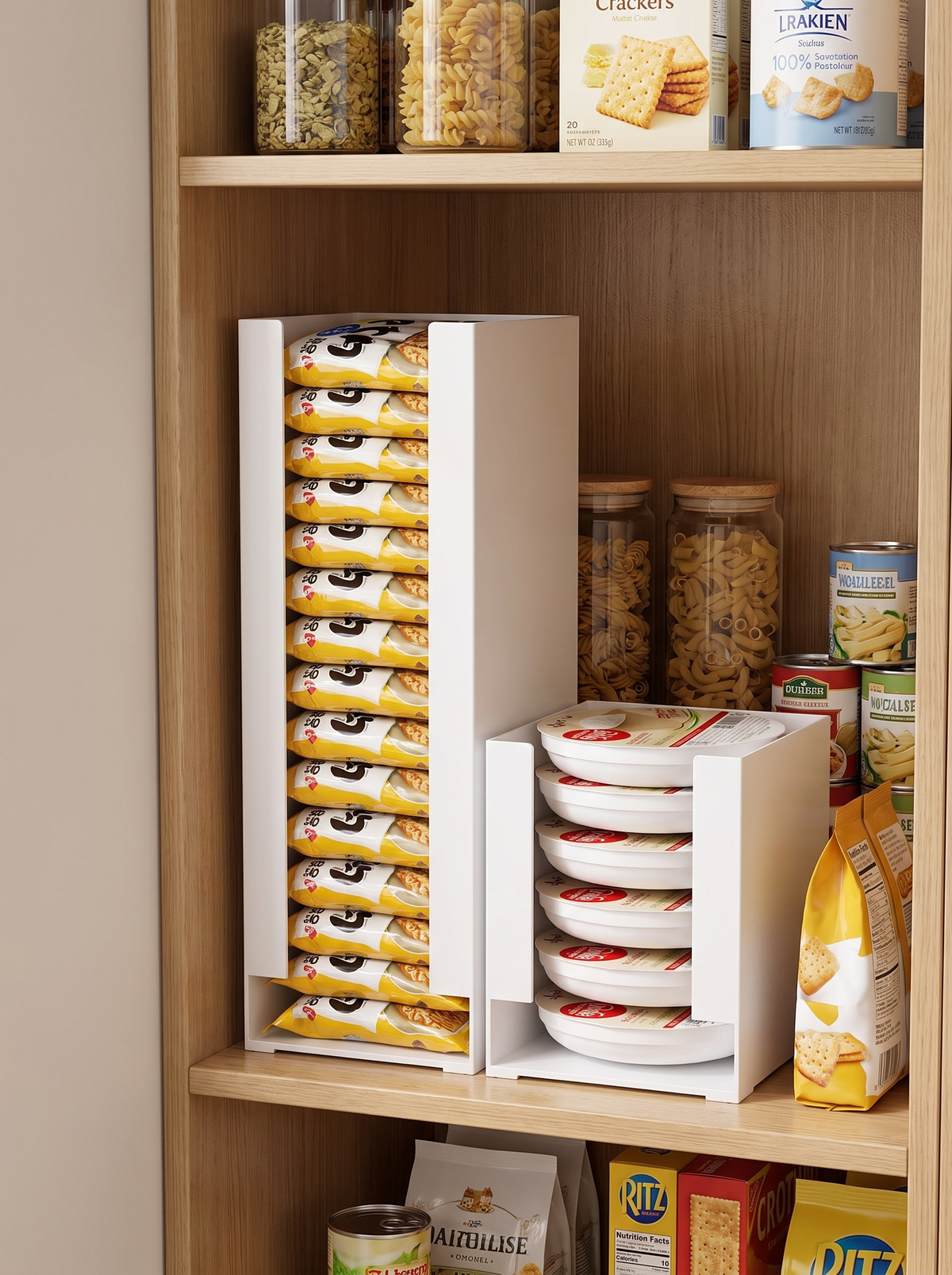 Pantry bin standing upright in a tall kitchen cabinet
