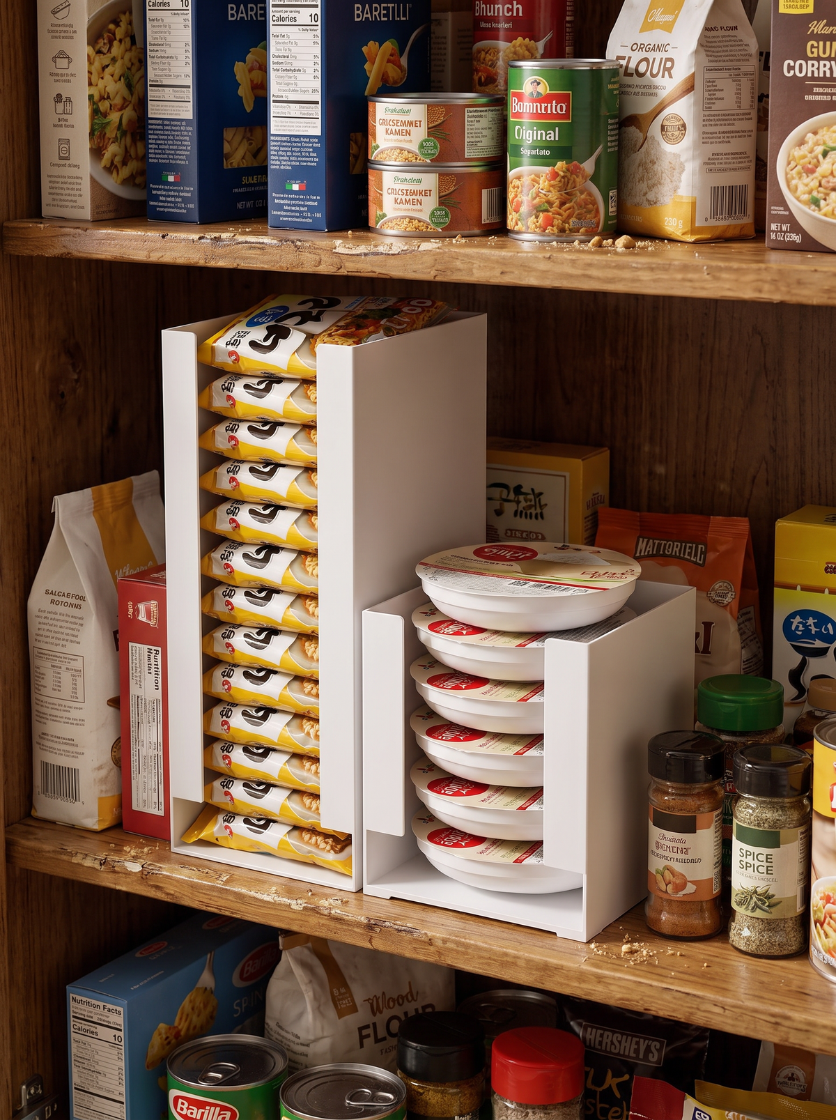 Narrow pantry bin filling a tight gap on a loaded shelf