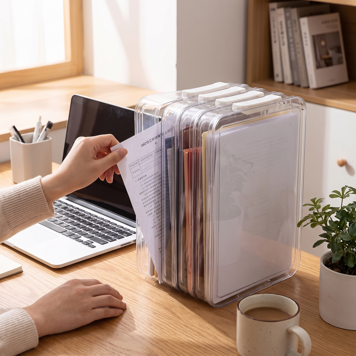 Clear acrylic A4 desktop file holder in use