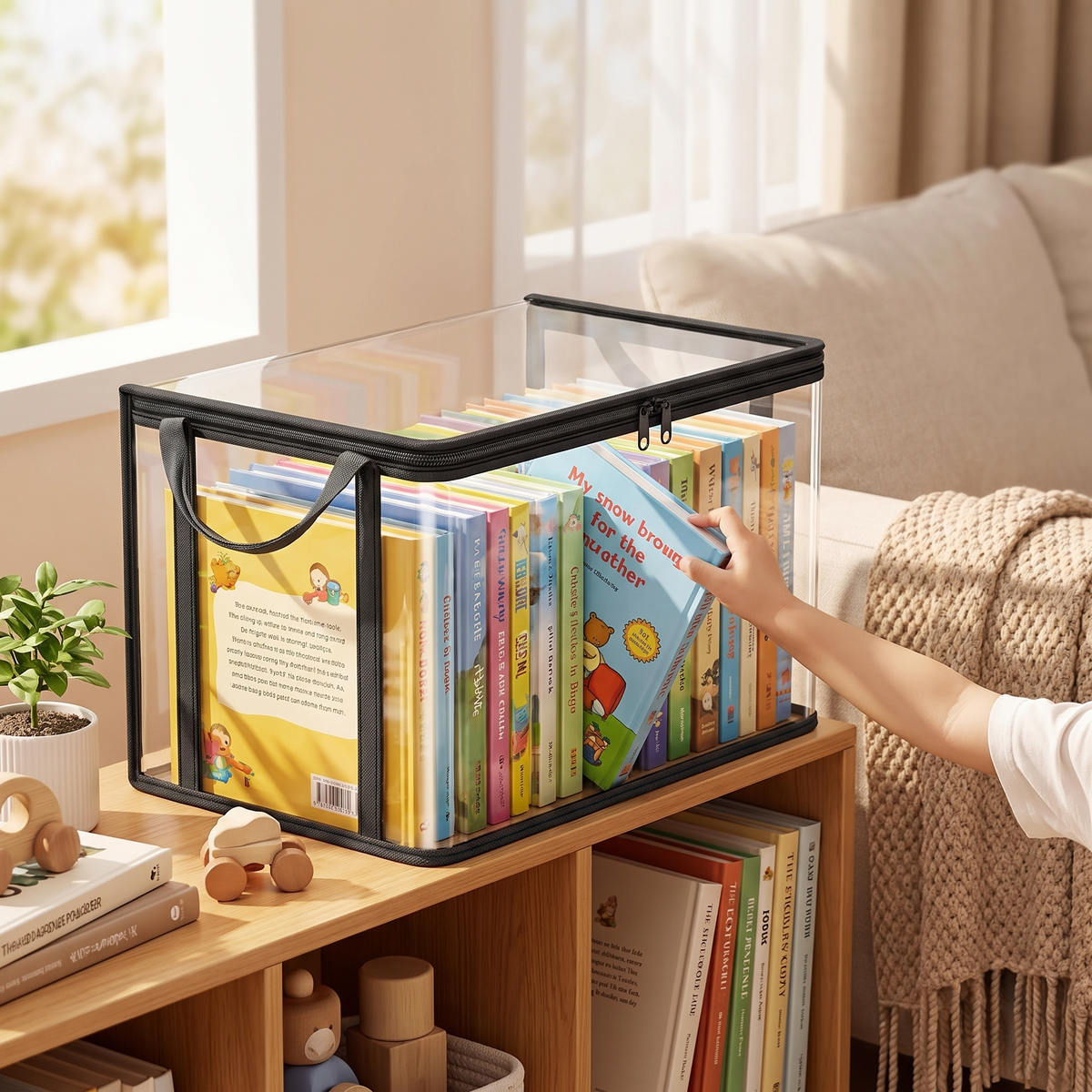 PVC organizer bag with flip cover in use