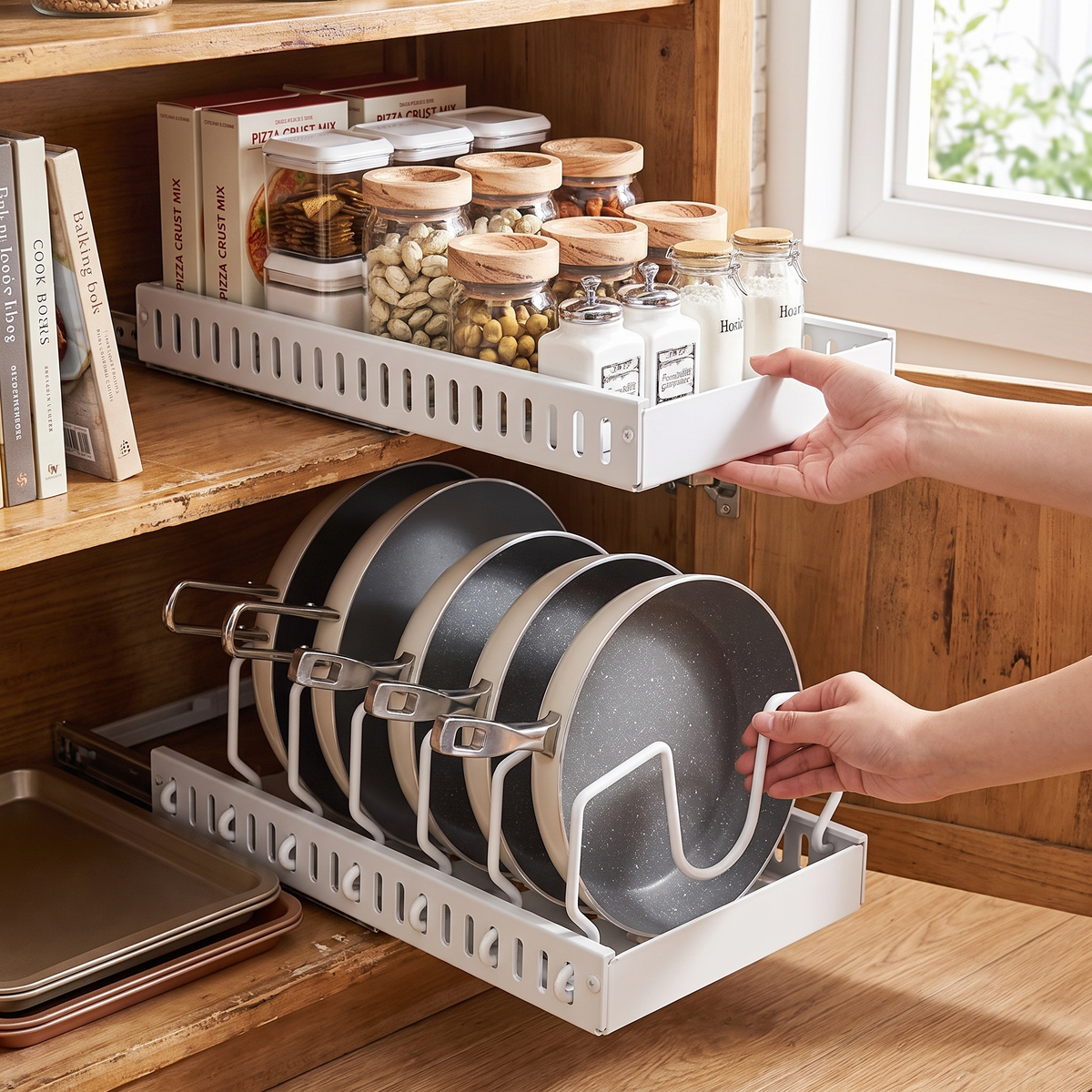 Under cabinet sliding pots and pans organizer in use