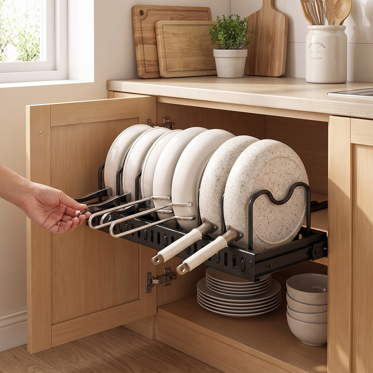 Under cabinet sliding pots and pans organizer in use