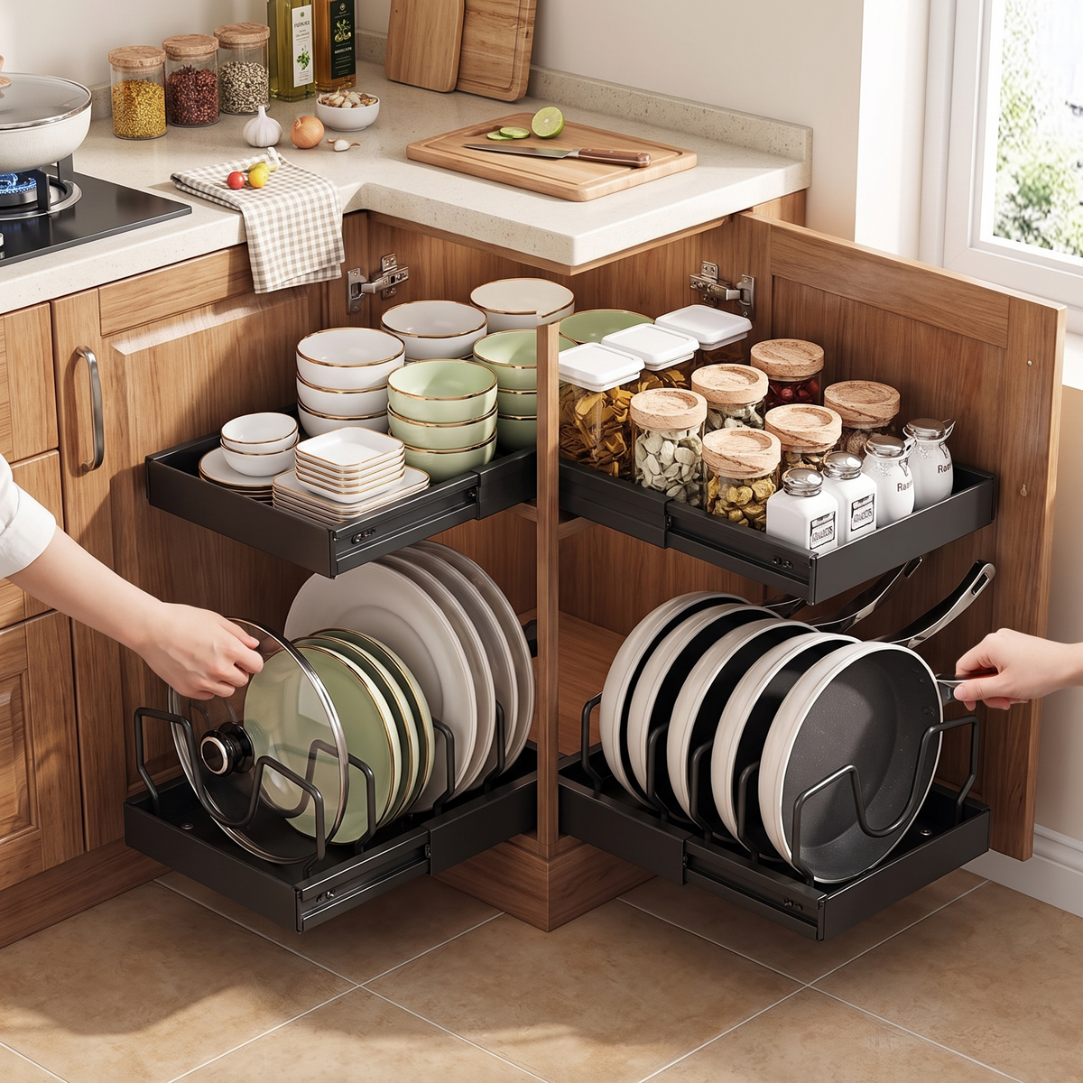 Under cabinet sliding pots and pans organizer in use