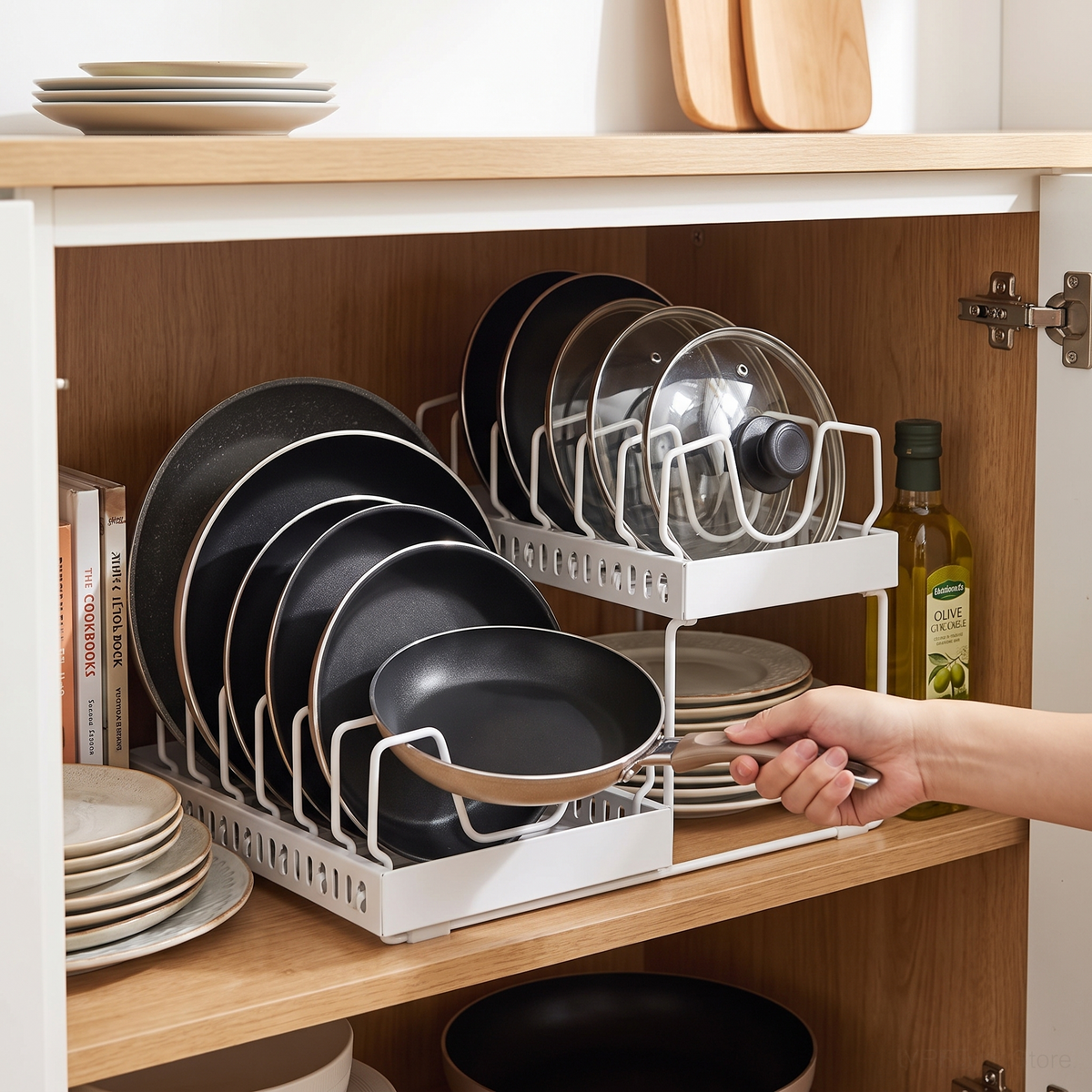 Under cabinet sliding pots and pans organizer in use