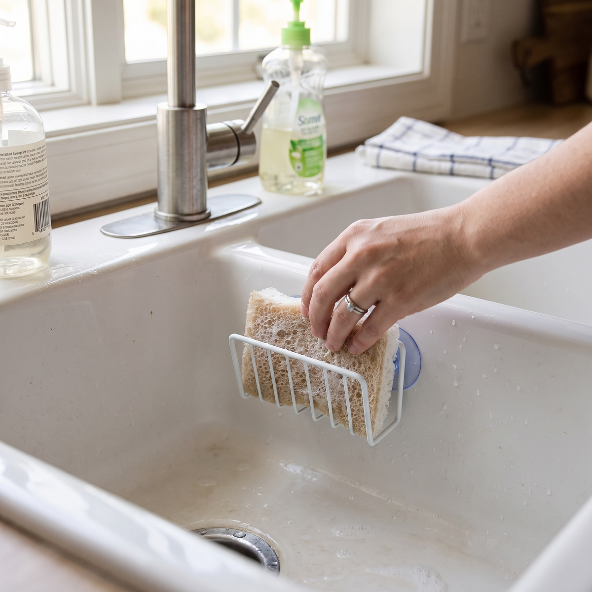 Suction cup sponge holder in use