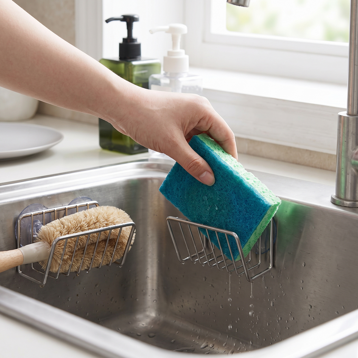 Suction cup sponge holder in use