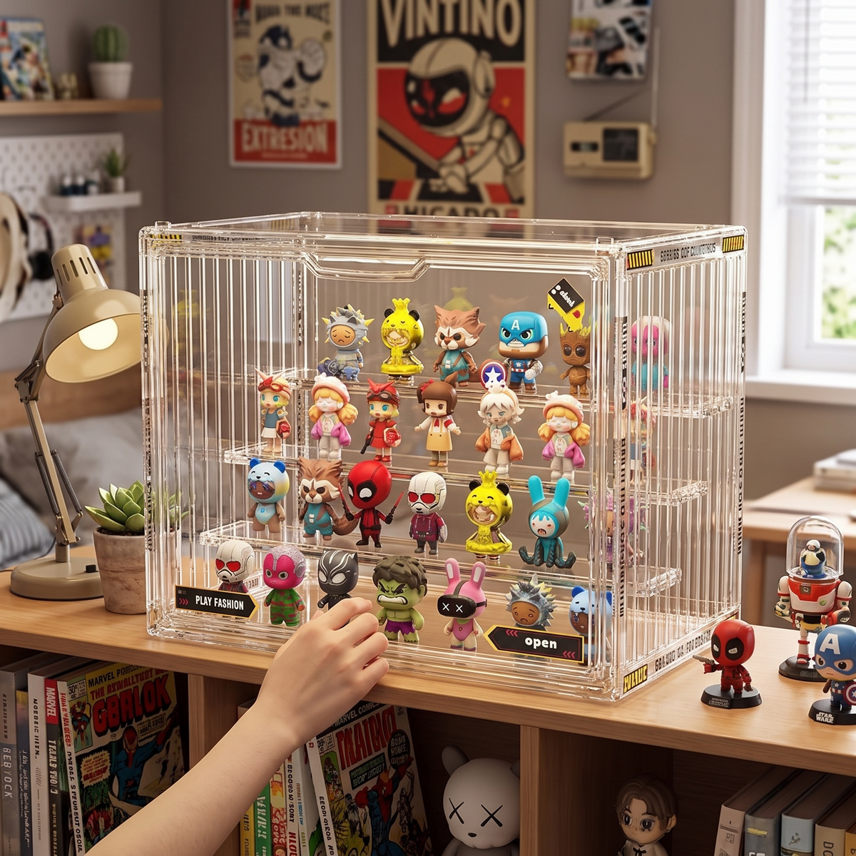 Large acrylic collectibles organizer in use