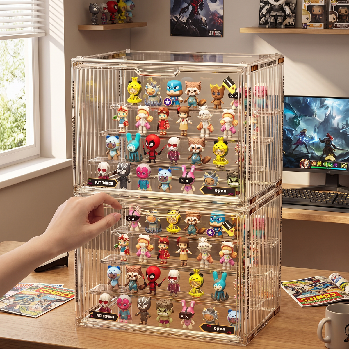 Large acrylic collectibles organizer in use