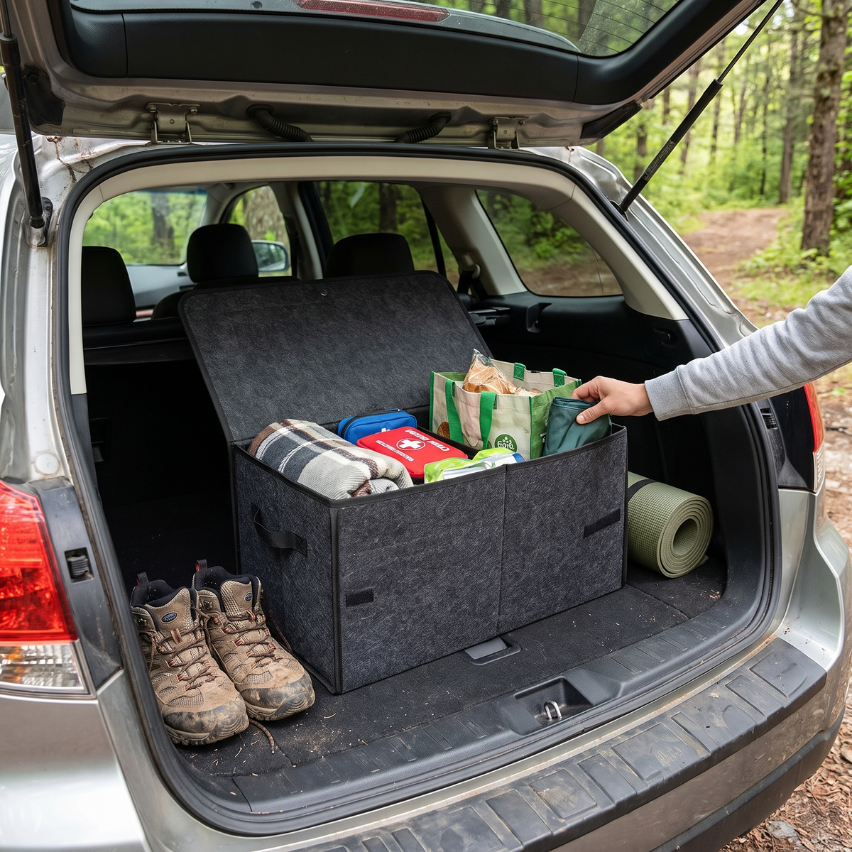 Felt car trunk organizer in use