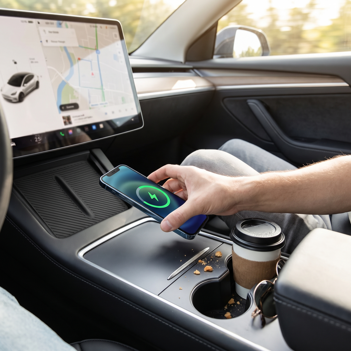 Tesla center console wireless charging pad in use