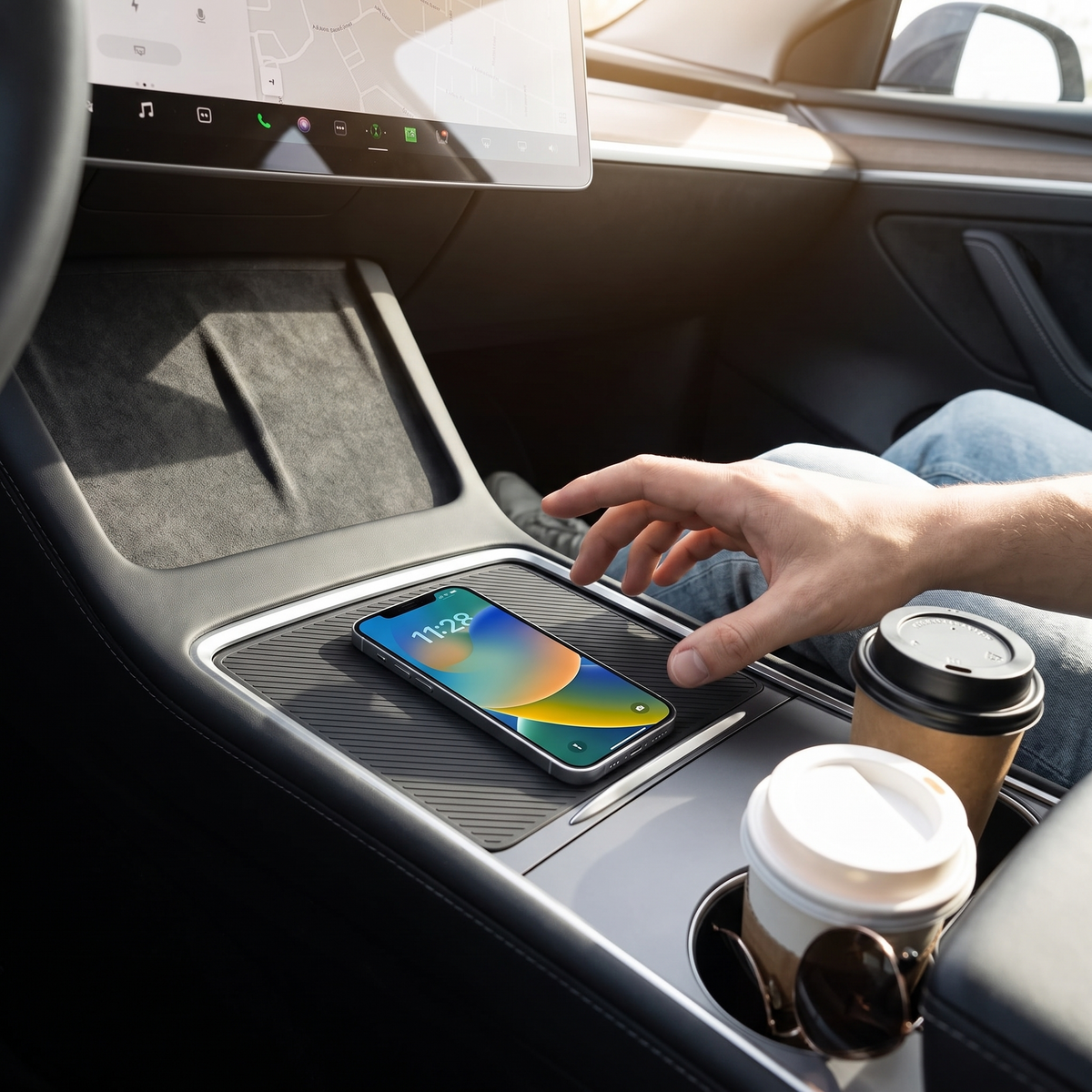 Tesla center console wireless charging pad in use