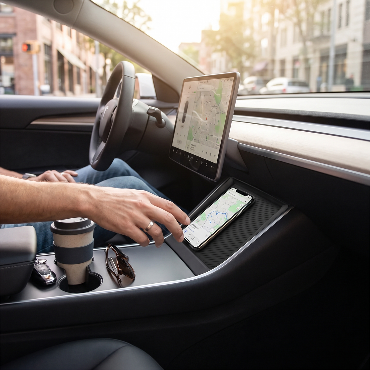 Tesla center console wireless charging pad in use