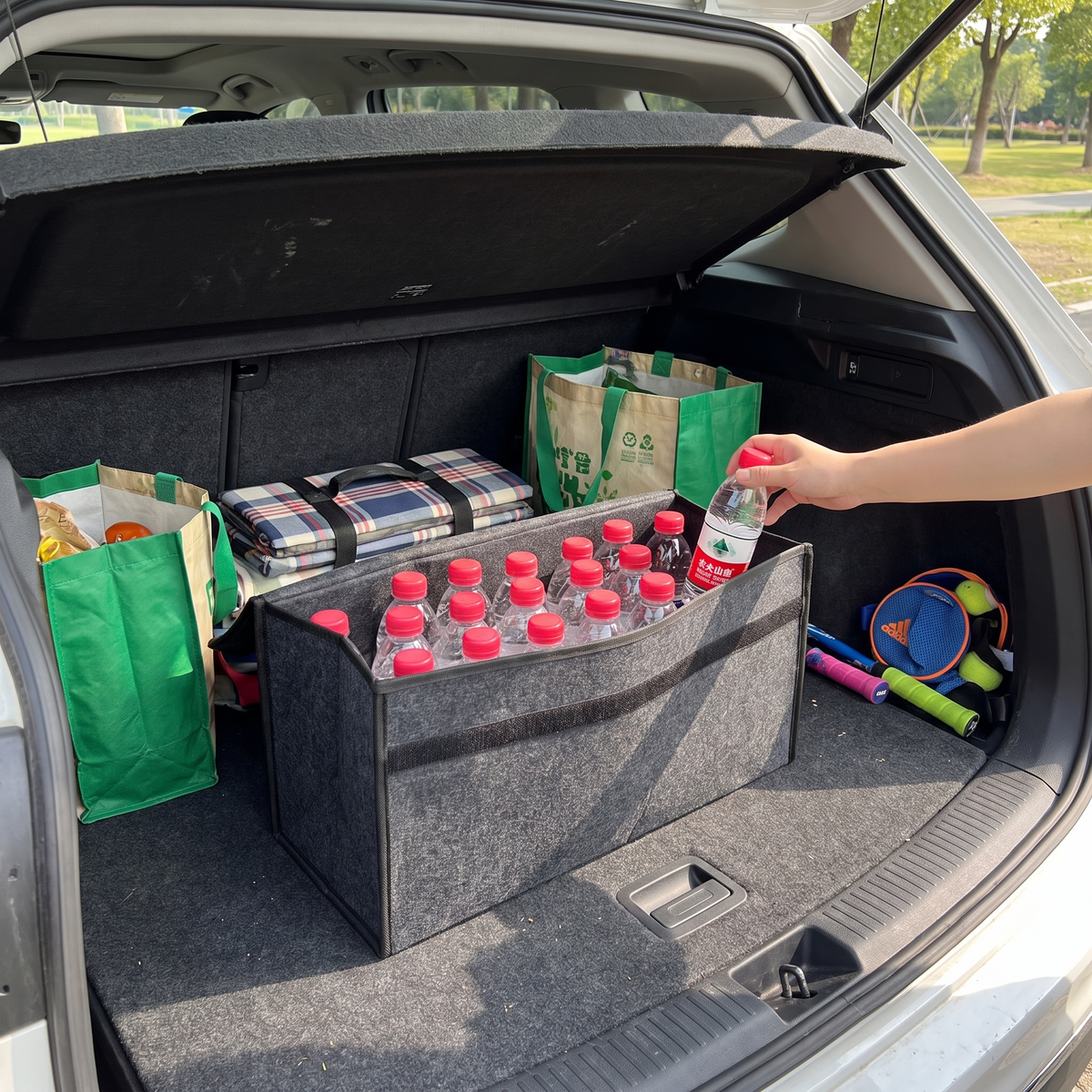 Felt car trunk organizer in use