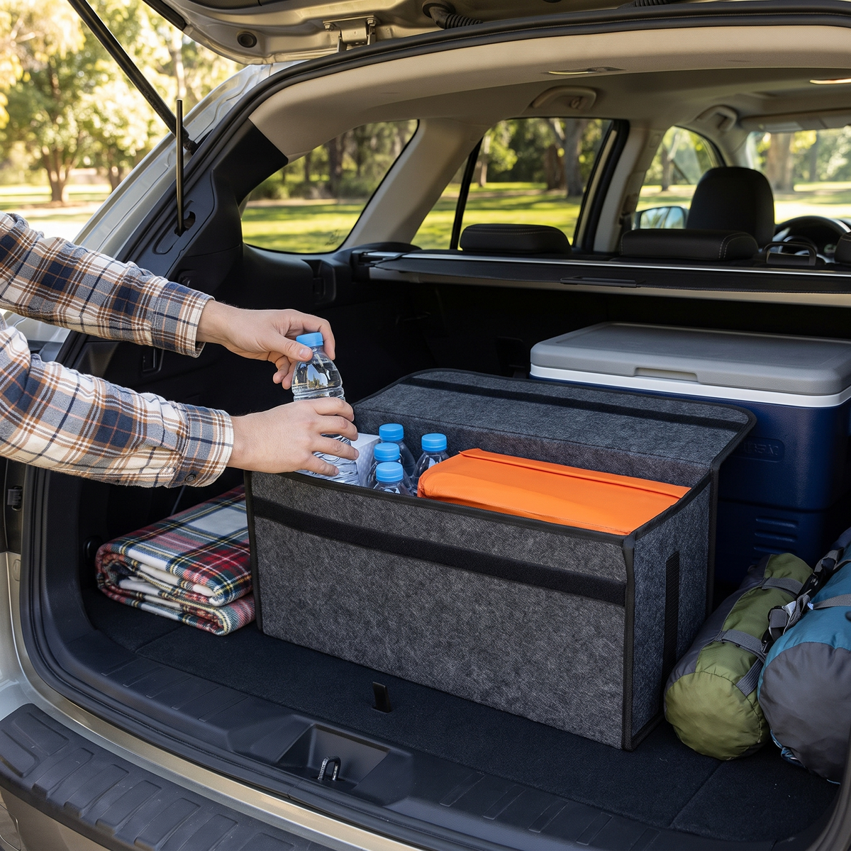 Felt car trunk organizer in use